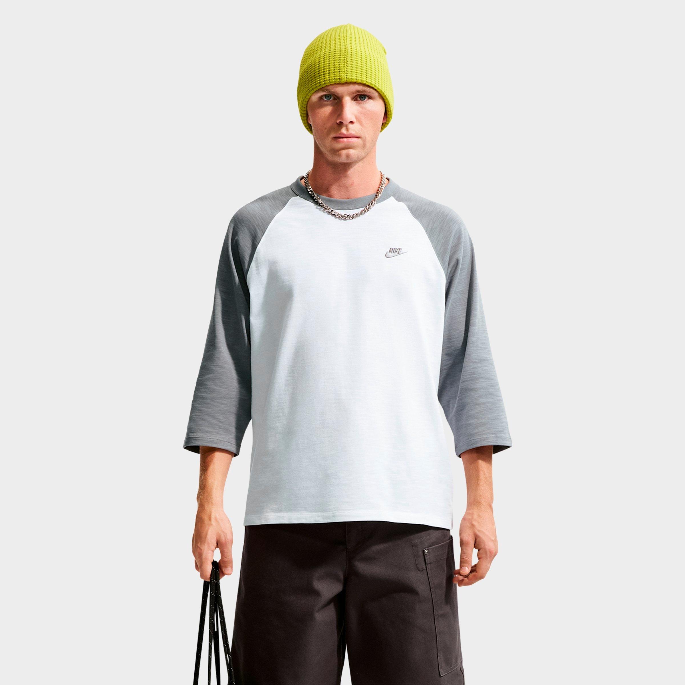 Nike Men's Sportswear Club Three Quarter-Sleeve Raglan Top in Smoke Grey/White Size: Large