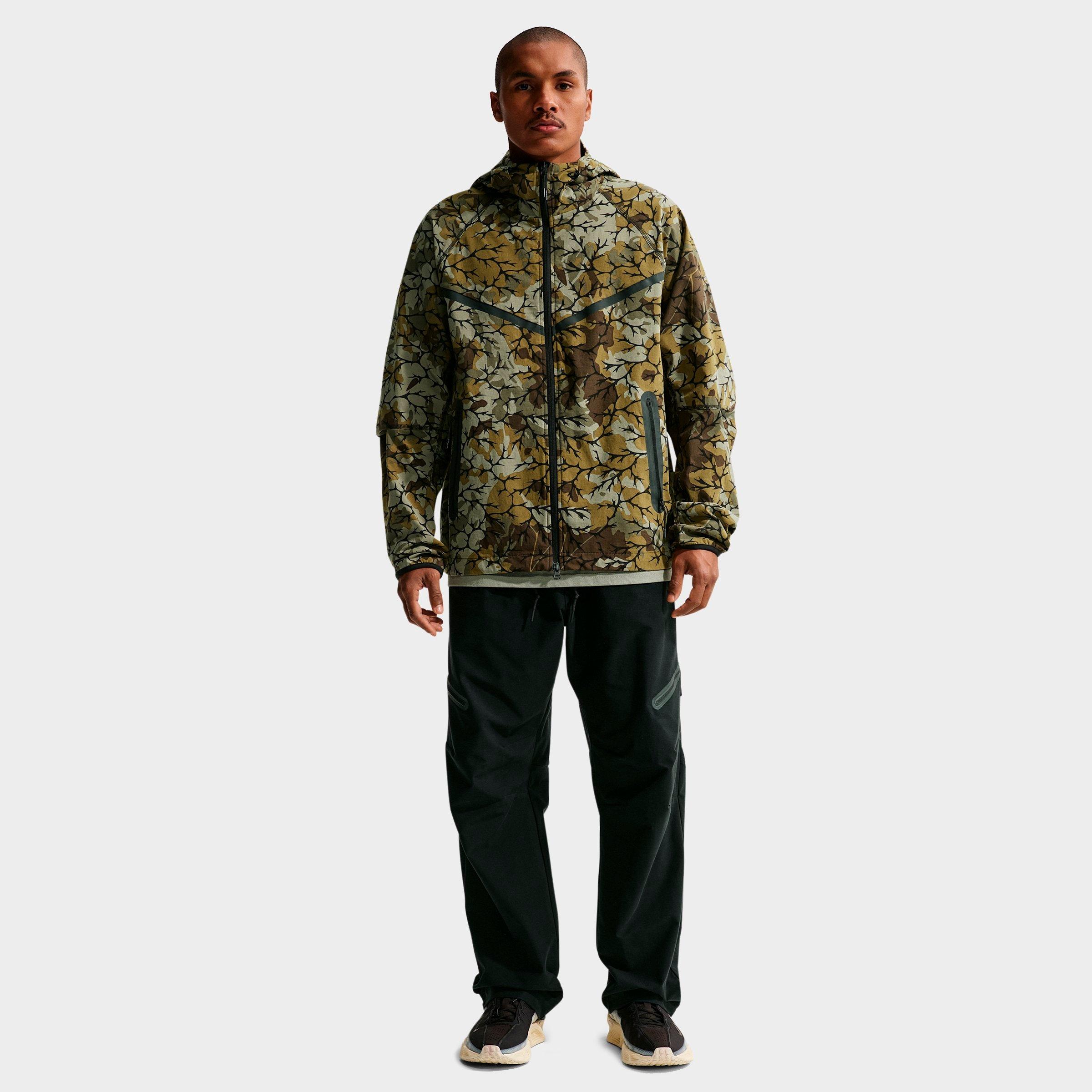 Nike Men's Tech Allover Camo Print Woven Full-Zip Windrunner Jacket in Olive Flak/Black Size: XS