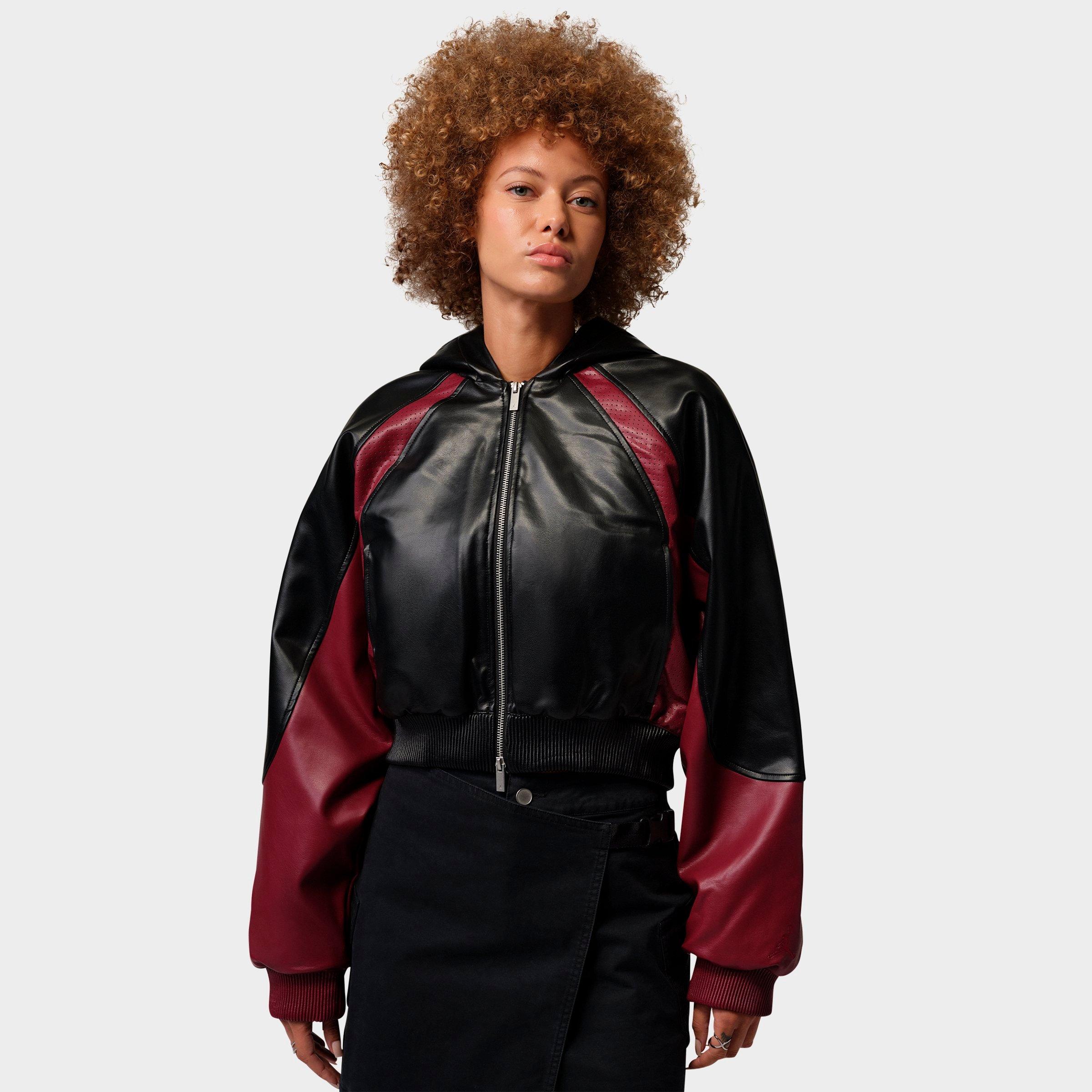 Jordan Women's Flight Faux Leather Jacket in Black/Team Red/Black Size: XS