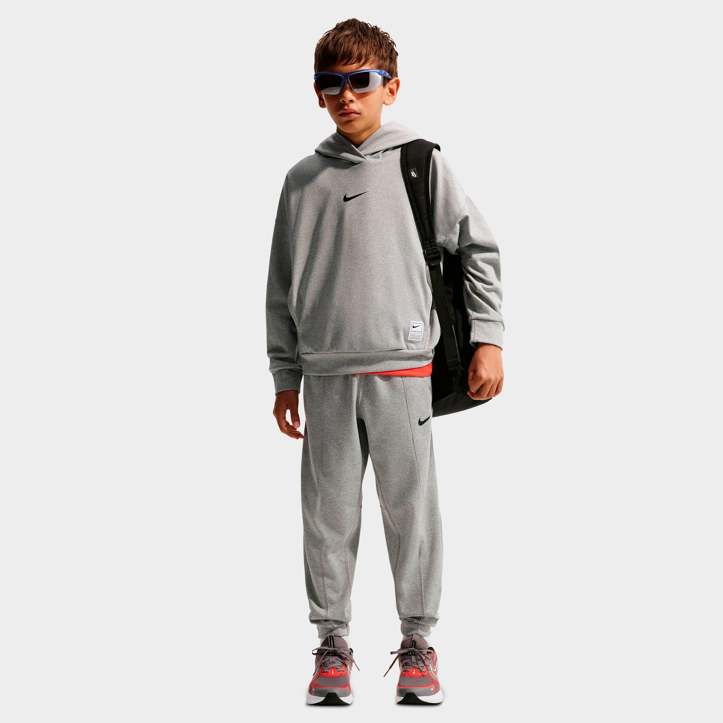Nike Big Kids Pro Dri-FIT Fleece Jogger Pants in Dark Grey Heather/White/Black Size: