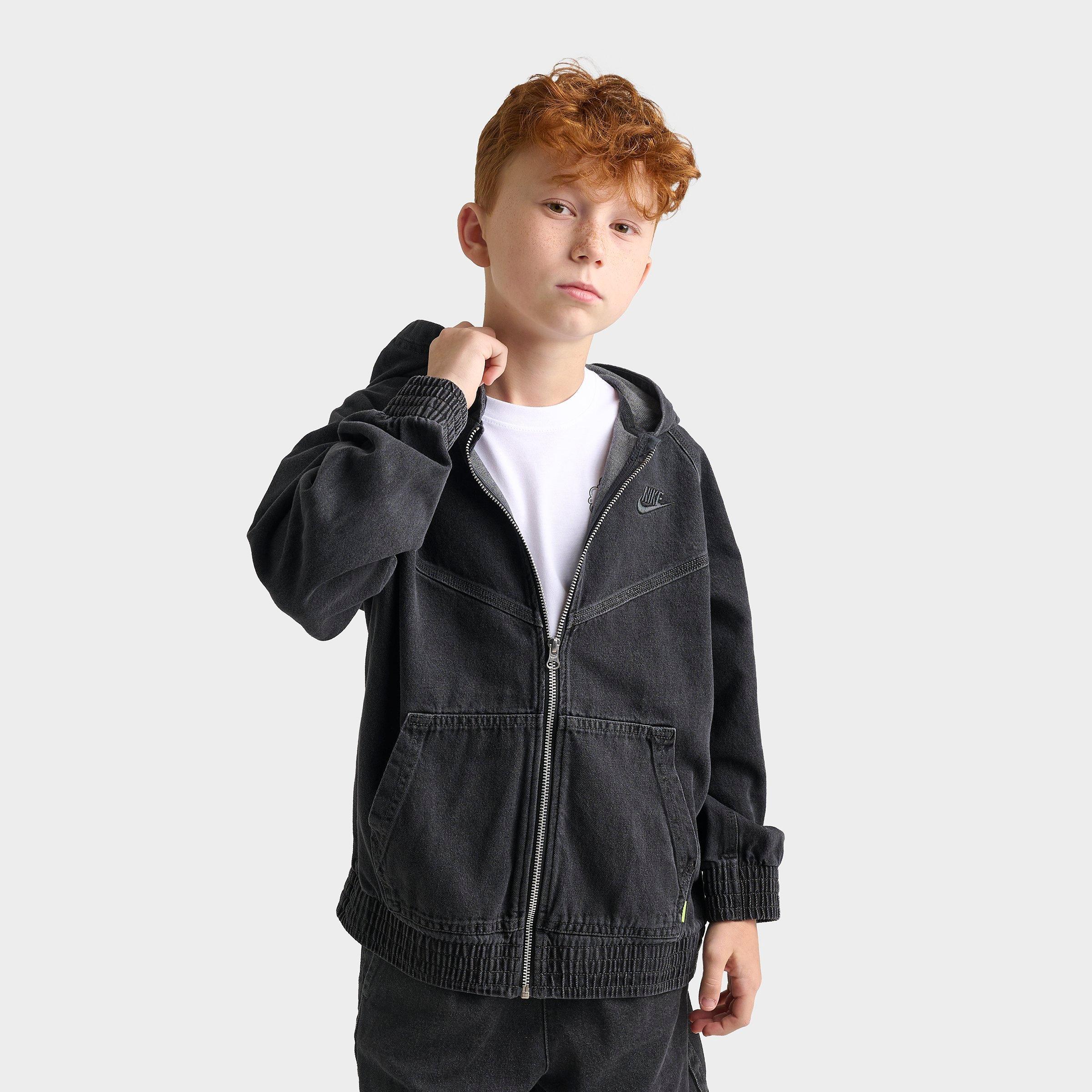 Nike Big Kids Sportswear Collection Full-Zip Hooded Denim Jacket in Black Size: XL