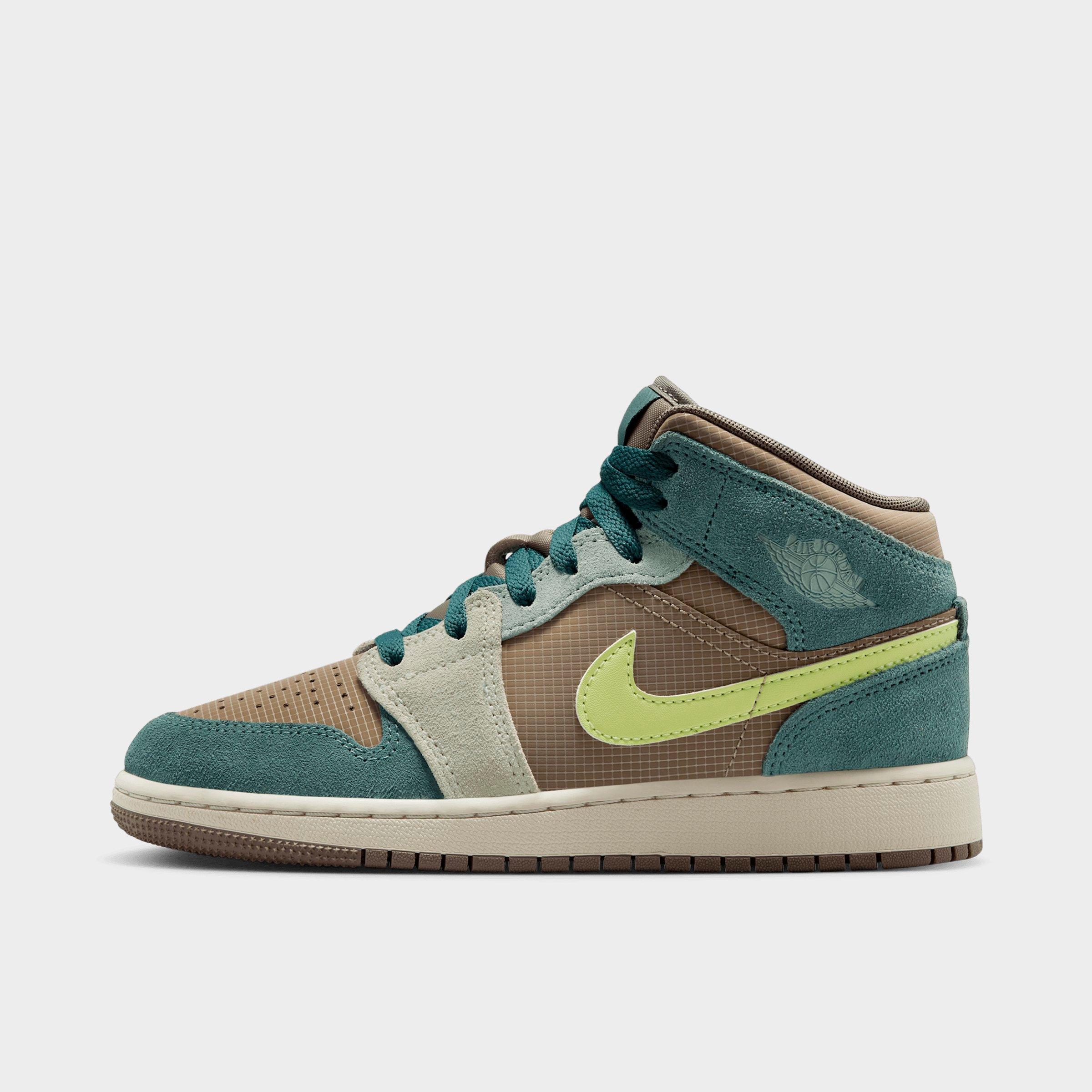 Jordan Big Kids Air Retro 1 Mid Casual Shoes in Khaki/Hasta/Olive Grey Size: 3.5