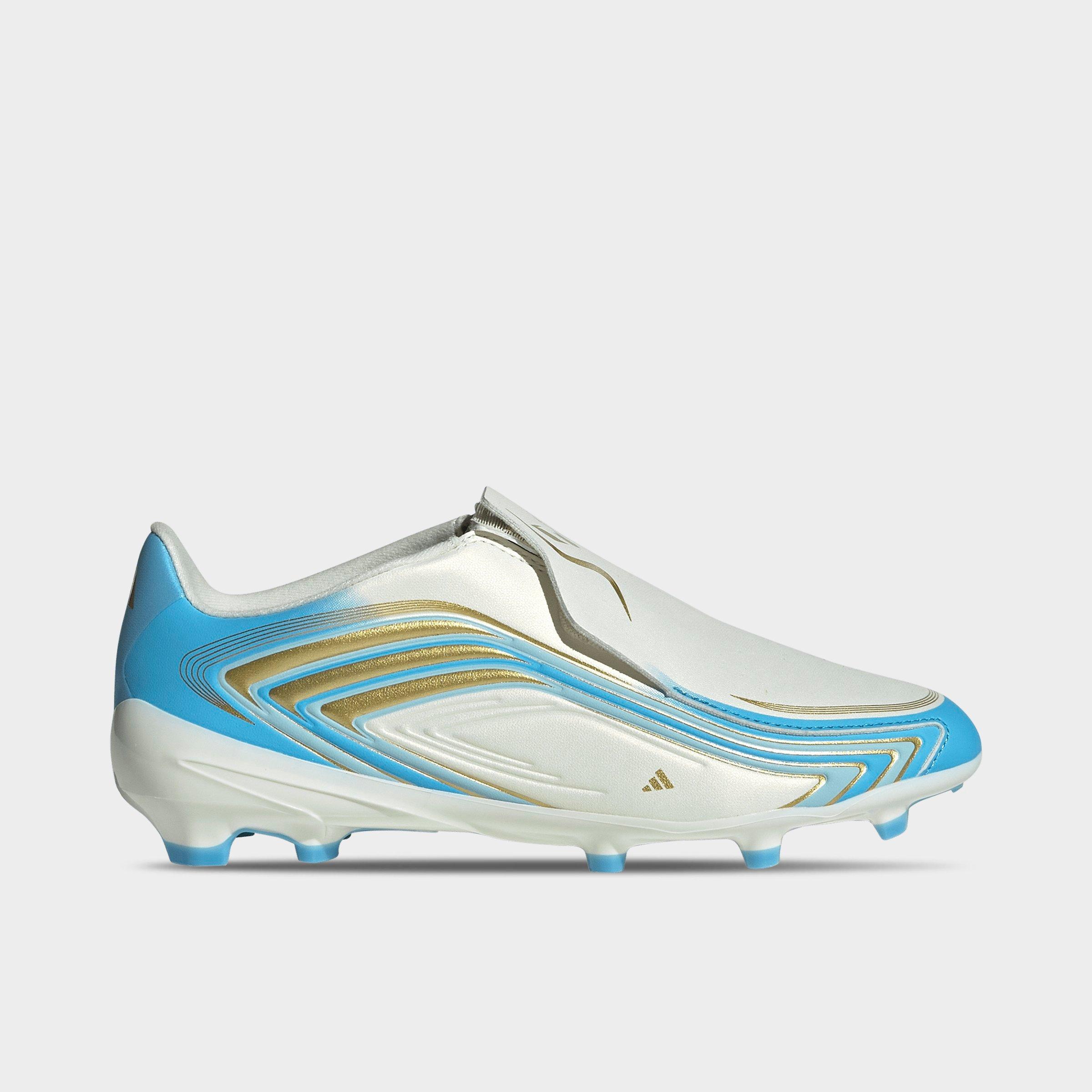 adidas Little Kids and Big Kids F50 Messi League Laceless Firm Ground Soccer Cleats in Ivory/Semi Blue Burst/Icey Blue Size: 12.5