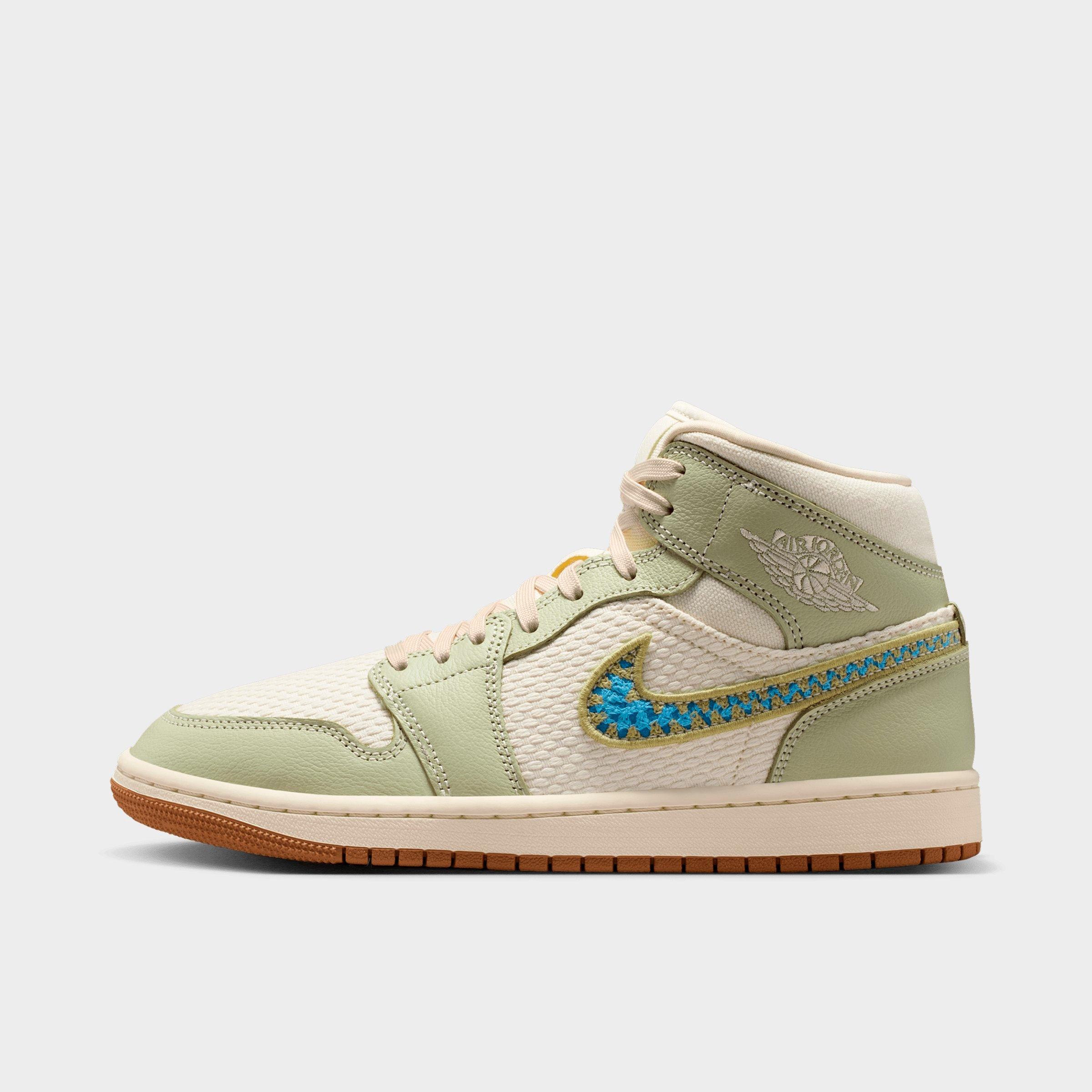 Jordan Women's Air 1 Mid SE Casual Shoes in Olive Aura/Lawn/University Blue Size: 5.0