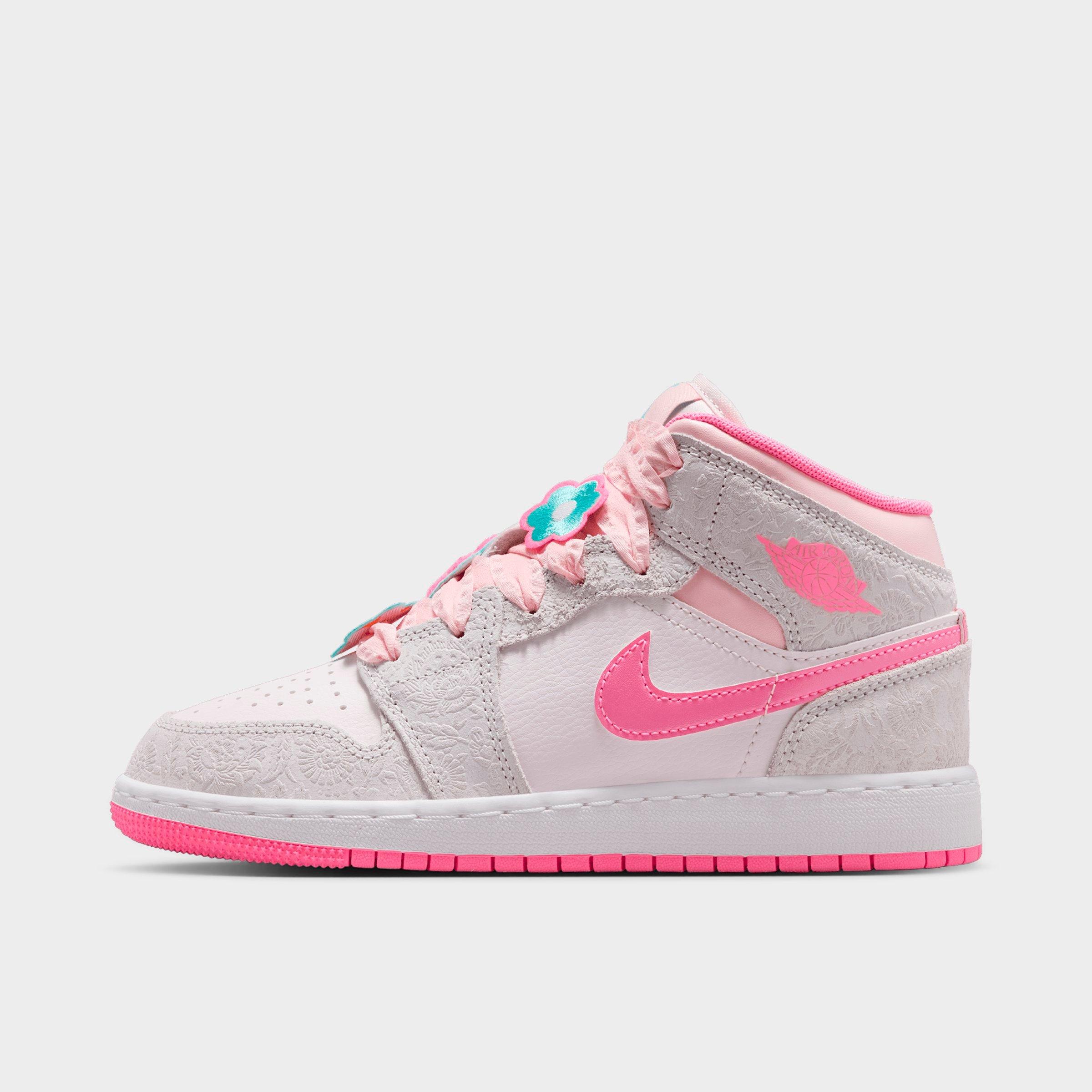 Jordan Girls' Big Kids Air Retro 1 Mid SE Multi Casual Shoes in Vast Grey/Sail/Pink Bloom Size: 3.5