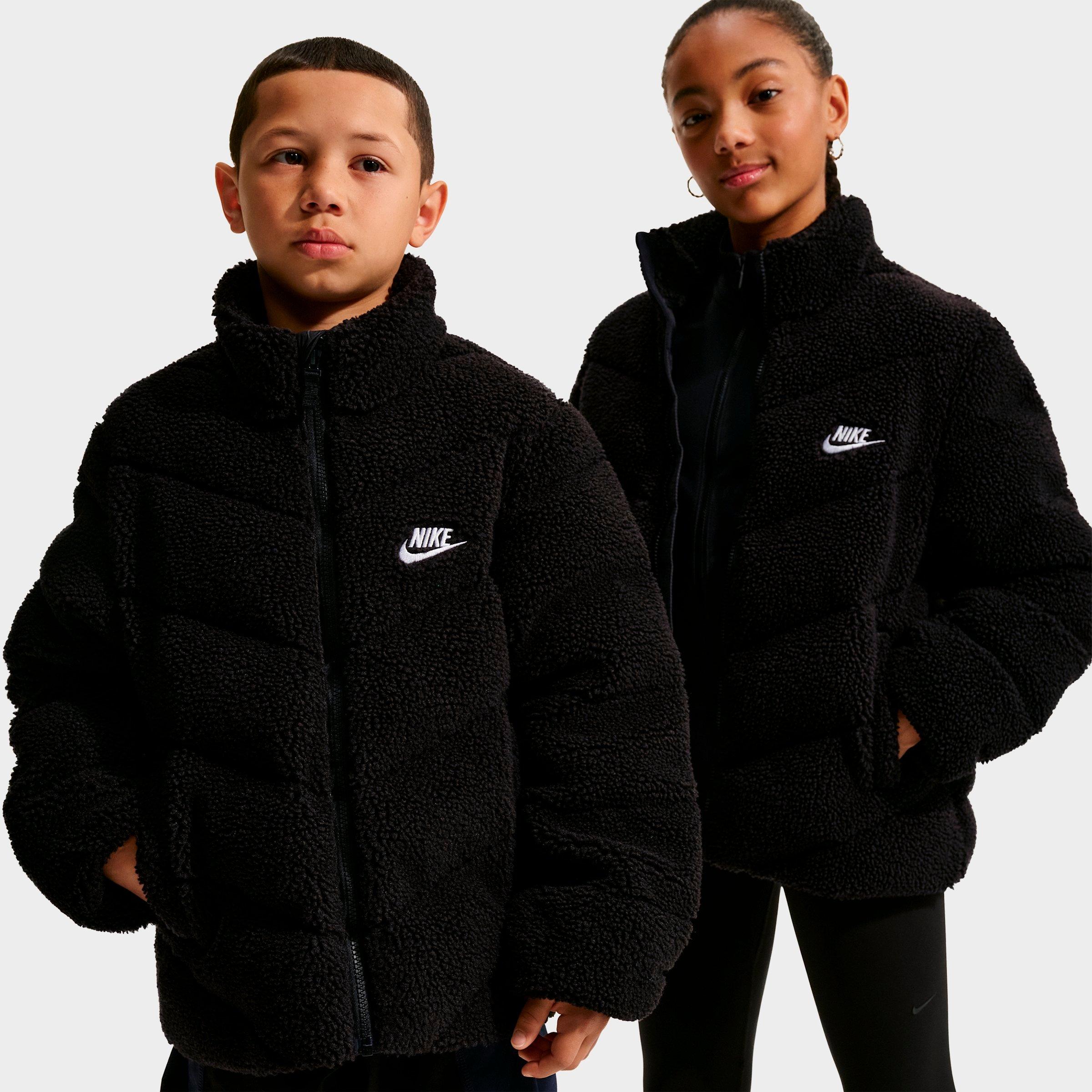 Nike Big Kids Sportswear Therma-FIT Loose Sherpa Full-Zip Puffer Jacket in Black/White Size: Small