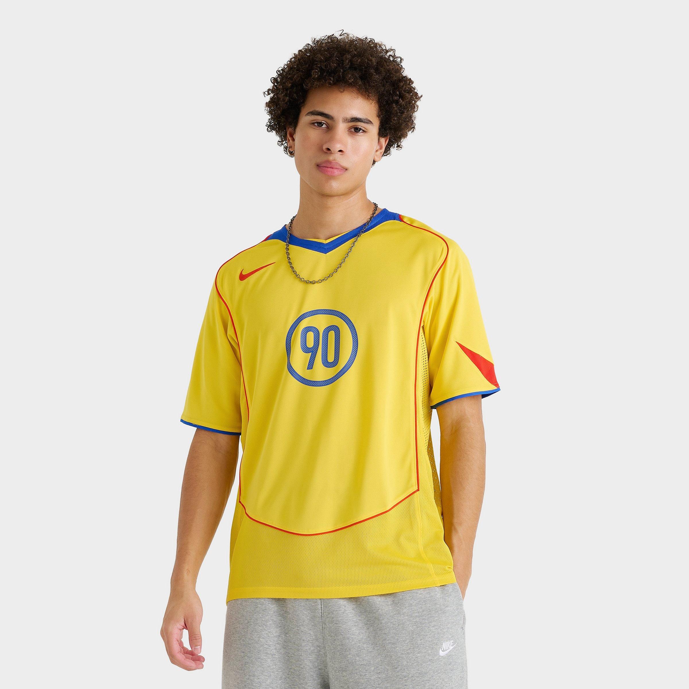 Nike Men's Total 90 Dri-FIT Soccer Jersey in Tour Yellow/Lyon Blue/Habanero Red Size: Small
