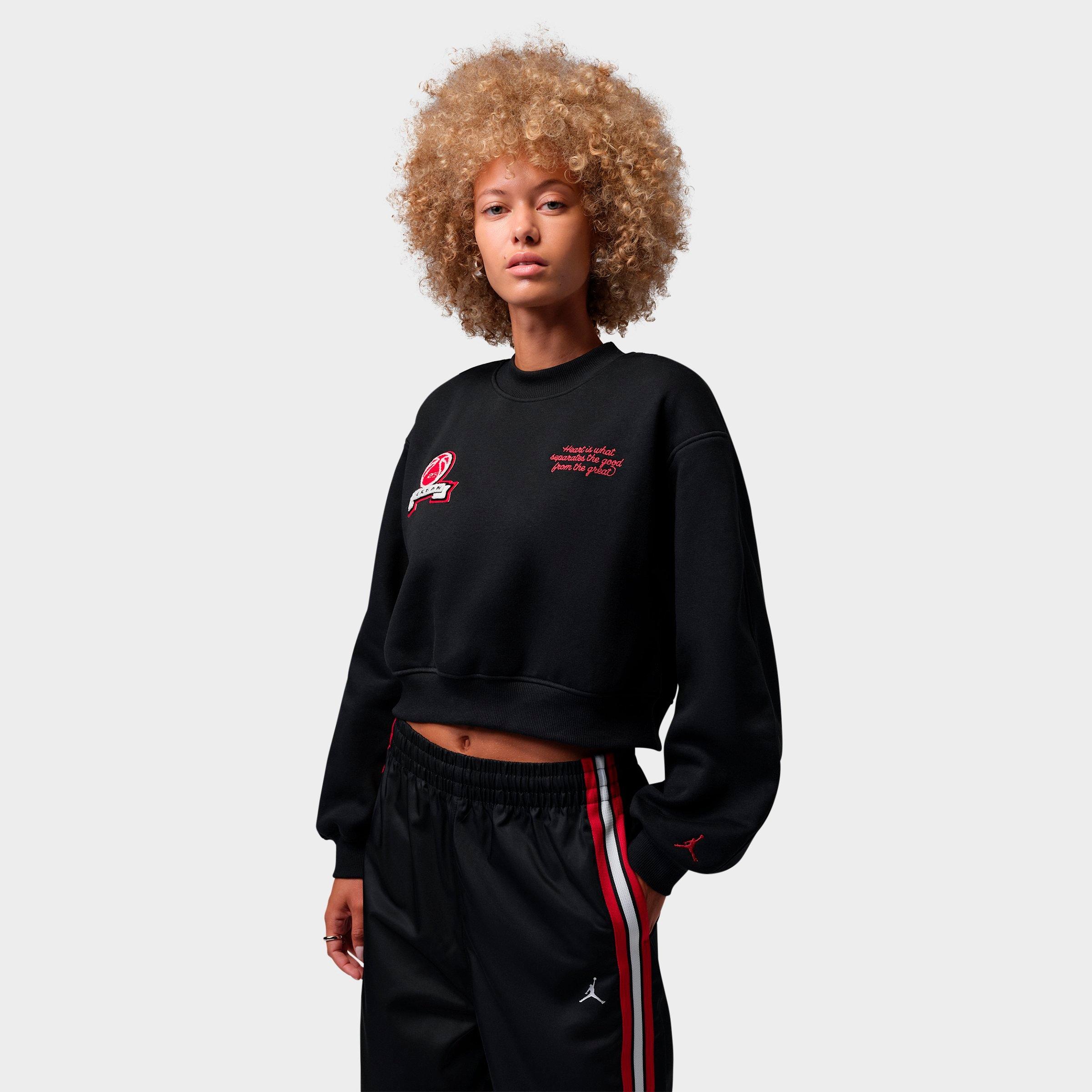 Jordan Women's Brooklyn Fleece Cropped Crewneck Sweatshirt in Black/Gym Red Size: Medium