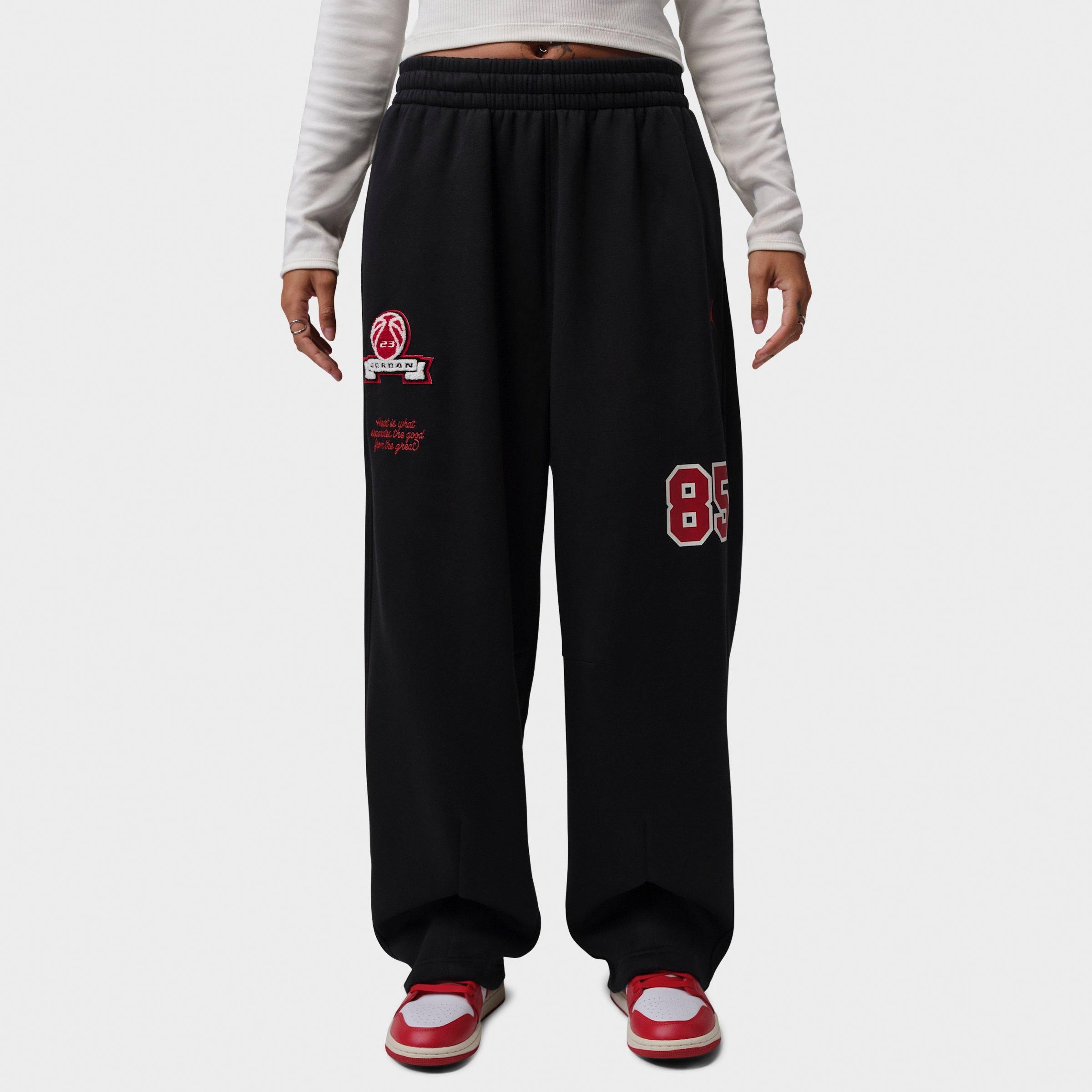 Jordan Women's Brooklyn Fleece Wide-Leg Graphic Pants in Black/Gym Red Size: Medium