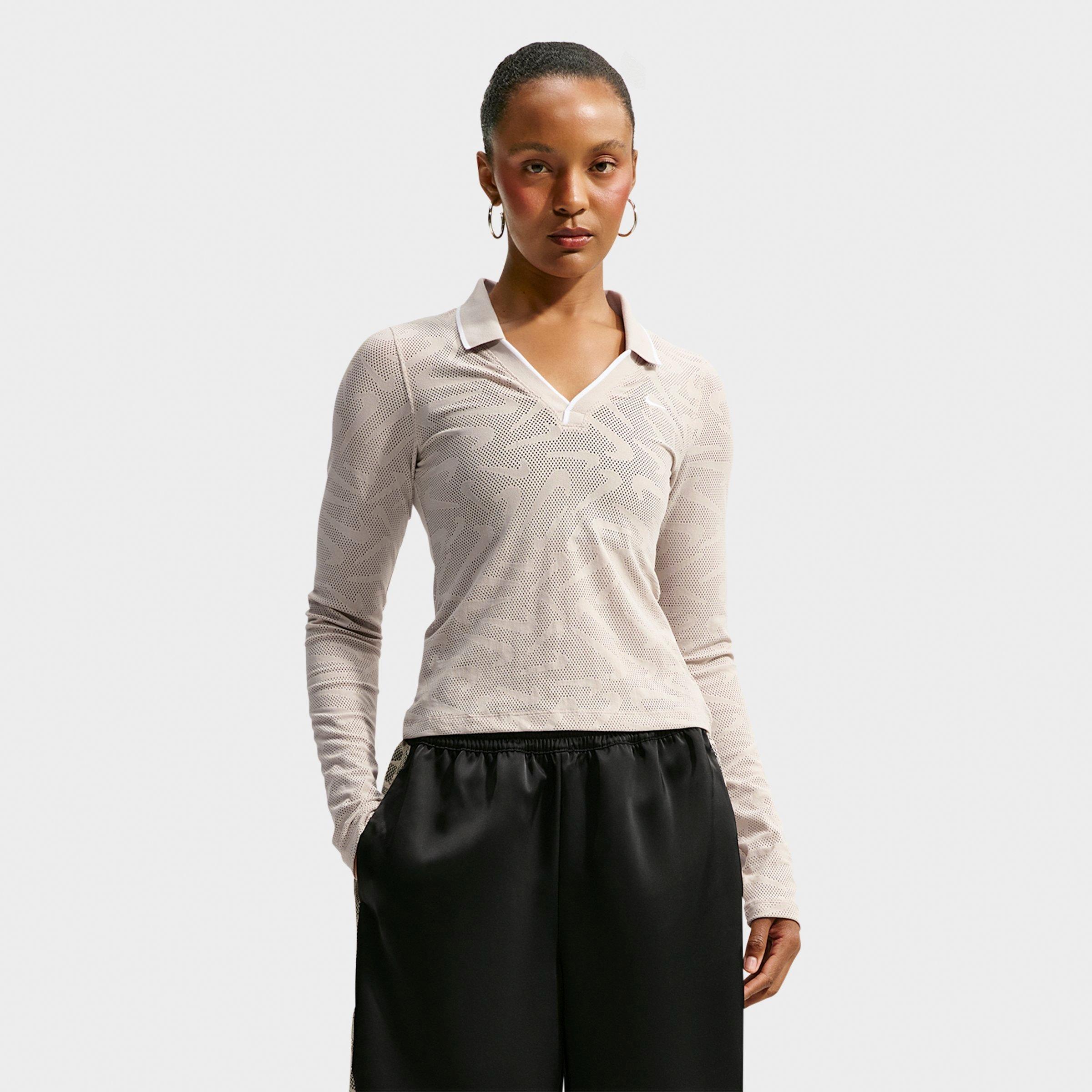Nike Women's Sportswear Chill Knit Tight Mod-Cropped Long-Sleeve Lace Top in Cream II/Cream II/White Size: Medium