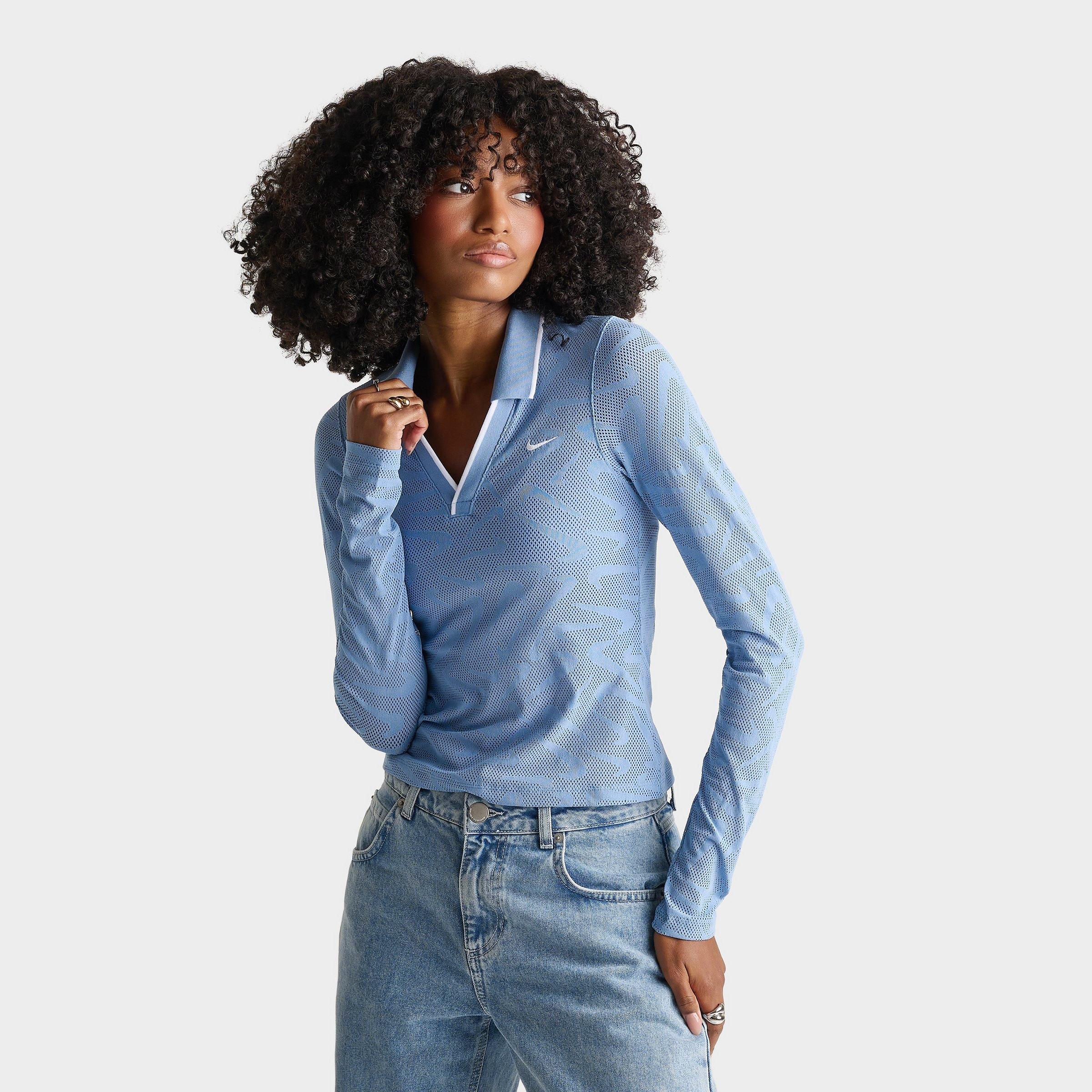 Nike Women's Sportswear Chill Knit Tight Mod-Cropped Long-Sleeve Lace Top in Work Blue/White Size: Small