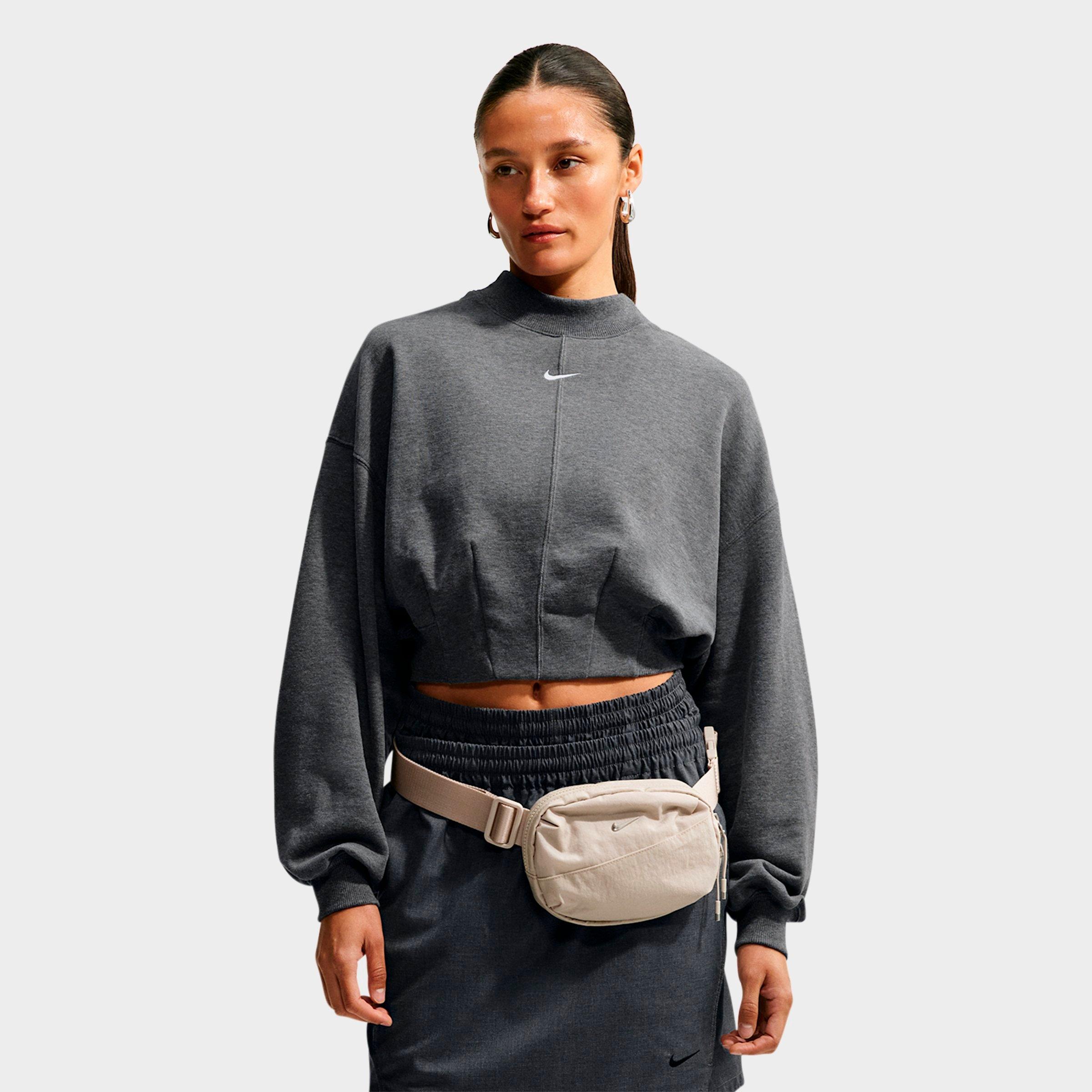 Nike Women's Studio Fleece Lightweight French Terry Oversized Cropped Pleated Crewneck Sweatshirt in Charcoal Heather/Sail Size: Small