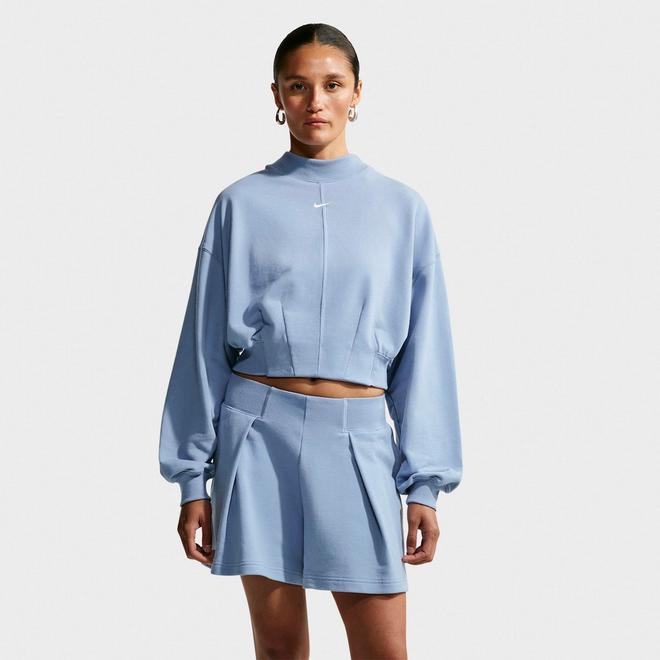 Women's Nike Studio Fleece Lightweight French Terry Oversized Cropped Pleated Crewneck Sweatshirt