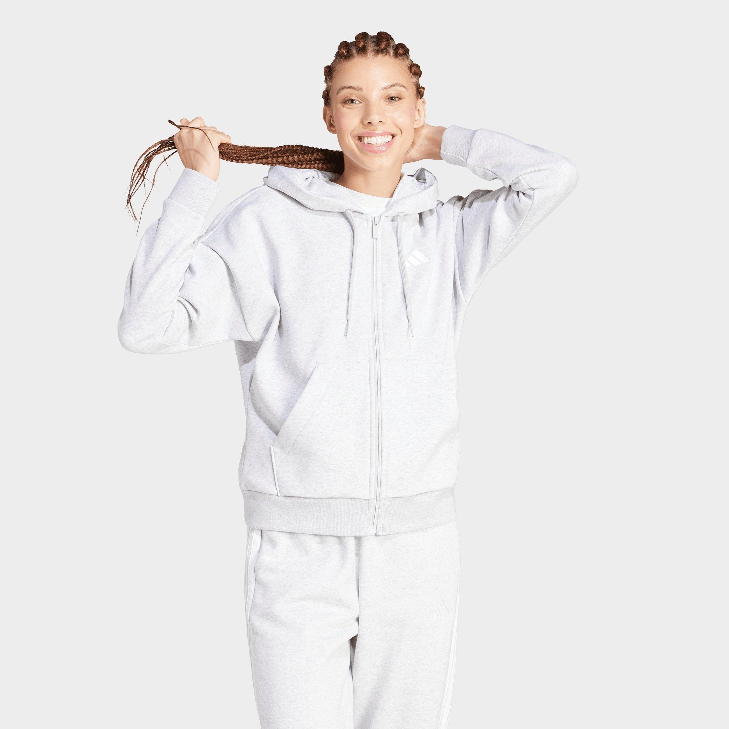 adidas Women's Sportswear Essentials 3-Stripes Full-Zip Fleece Hoodie in Light Grey Heather/White Size: Small