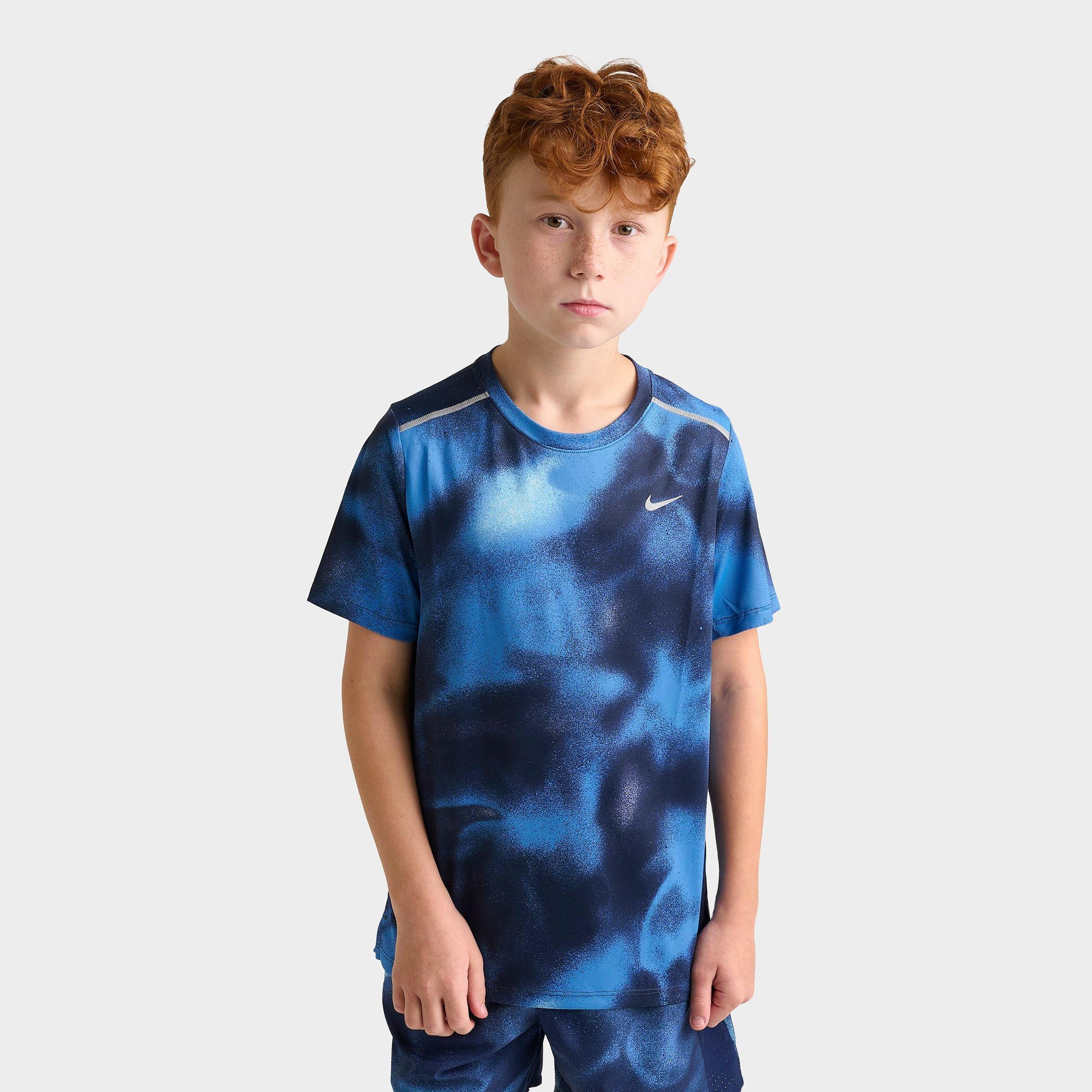 Nike Big Kids Miler Dri-FIT Printed Training T-Shirt in Football Blue/Midnight Navy Size: XS