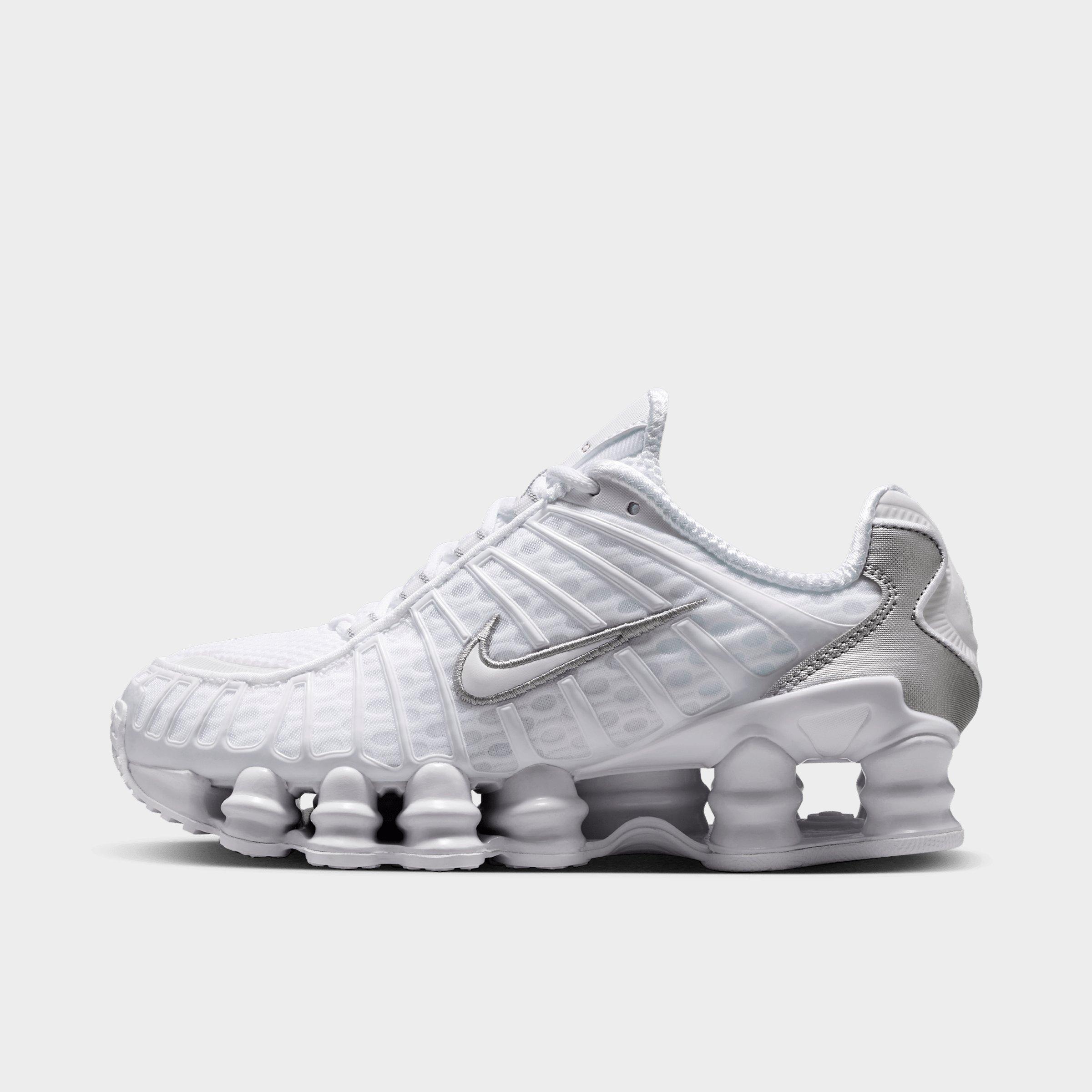 Nike Big Kids Shox TL Casual Shoes in White/Metallic Silver/Max Orange Size: 4.0