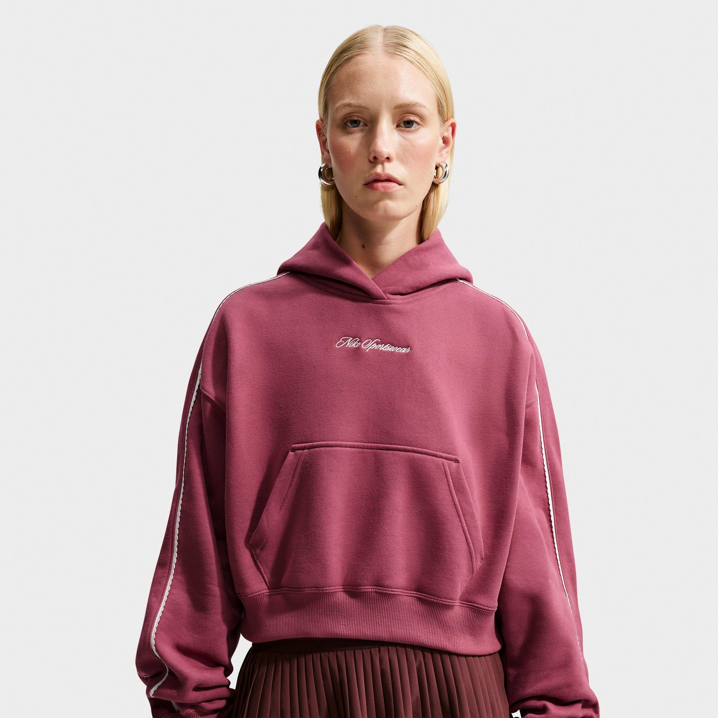 Nike Women's Studio Fleece Medium Weight "Graphic Pack" Cropped Pullover Hoodie in Pink Smoke/Sail/Pink Smoke Size: 2XL