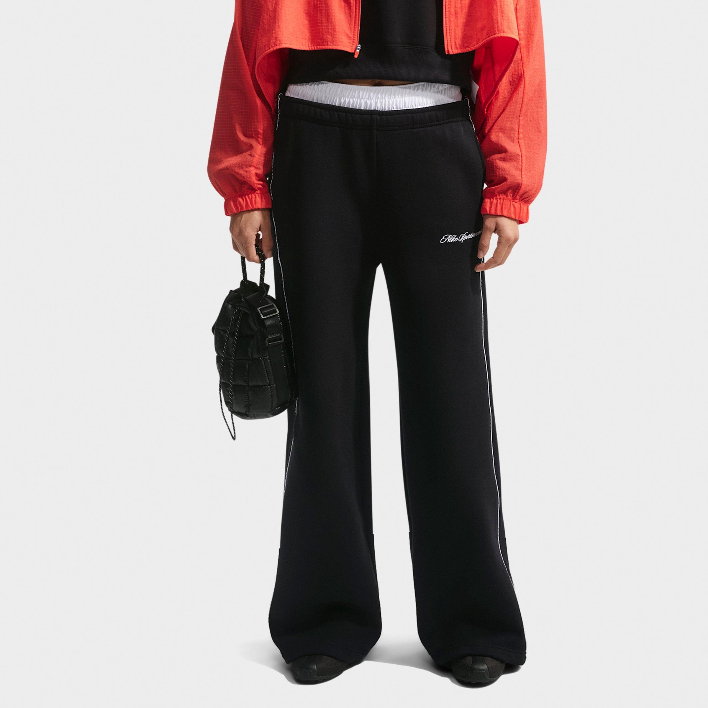 Nike Women's Studio Fleece Medium-Weight "Graphic Pack" Mid-Rise Wide-Leg Pants in Total Black/Sail/Total Black Size: 2XL