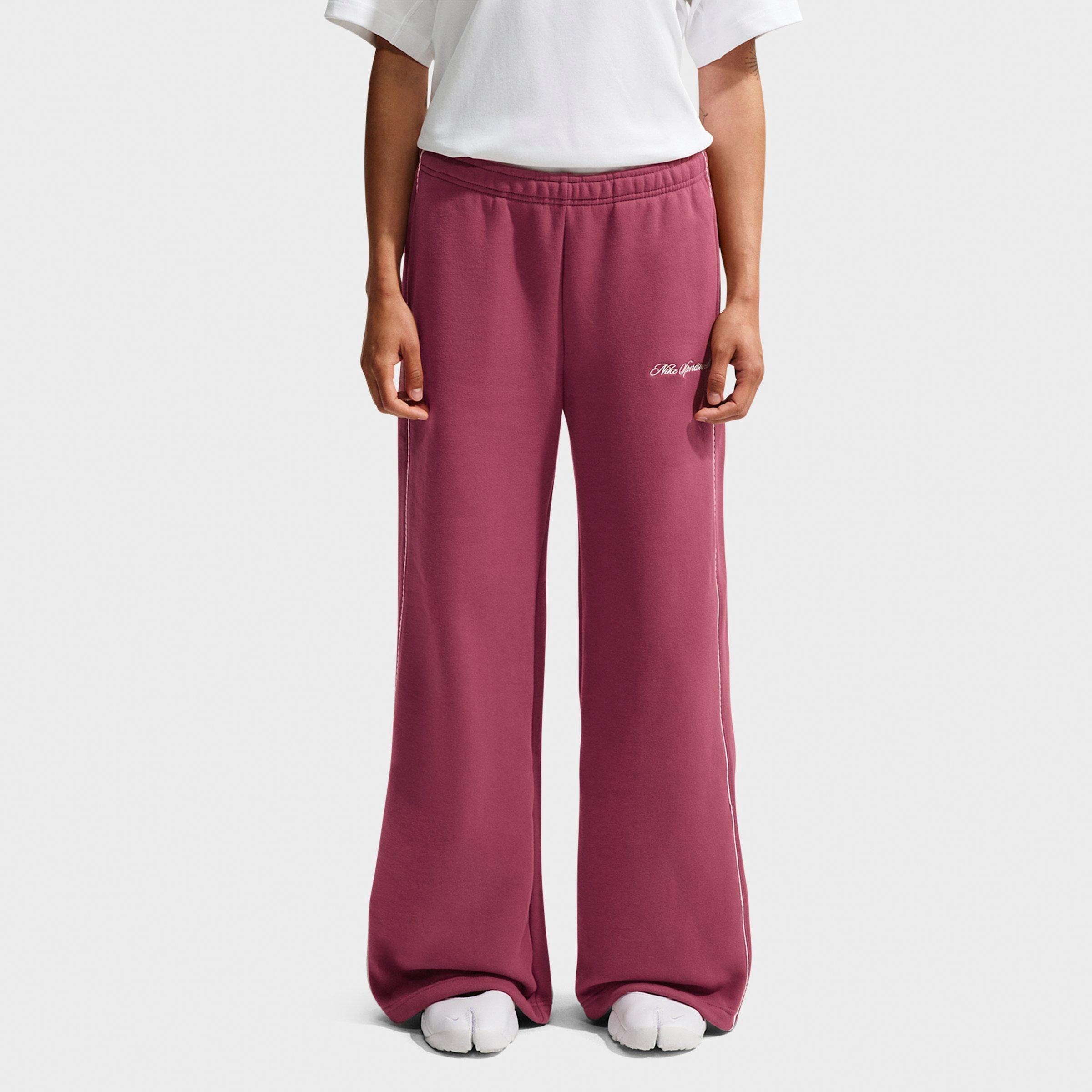 Nike Women's Studio Fleece Medium-Weight "Graphic Pack" Mid-Rise Wide-Leg Pants in Pink Smoke/Sail/Pink Smoke Size: Large