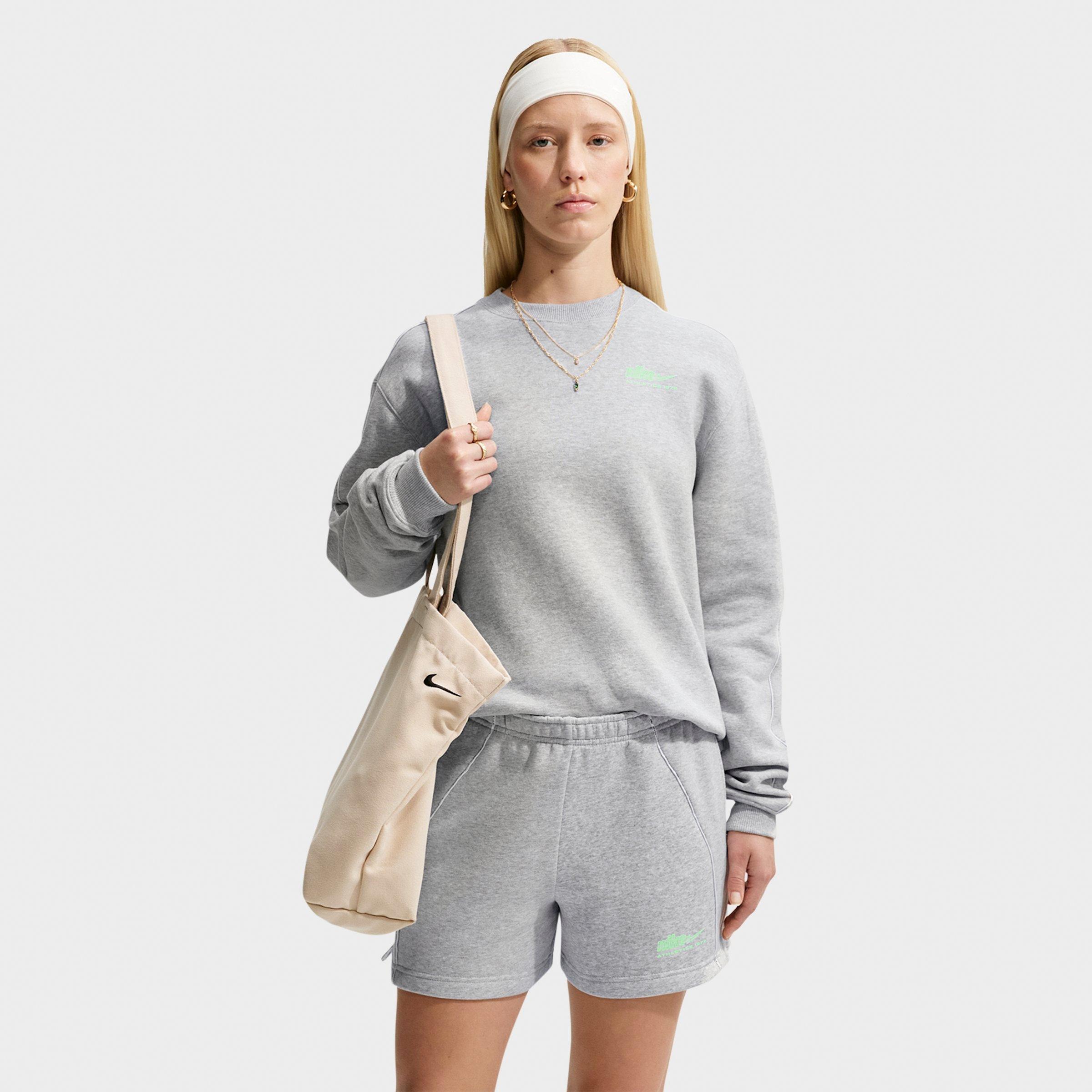 Nike Women's Studio Fleece Medium Weight Athletic Department "Graphic Pack" Crewneck Sweatshirt in Grey Heather/Illusion Green Size: 2XL
