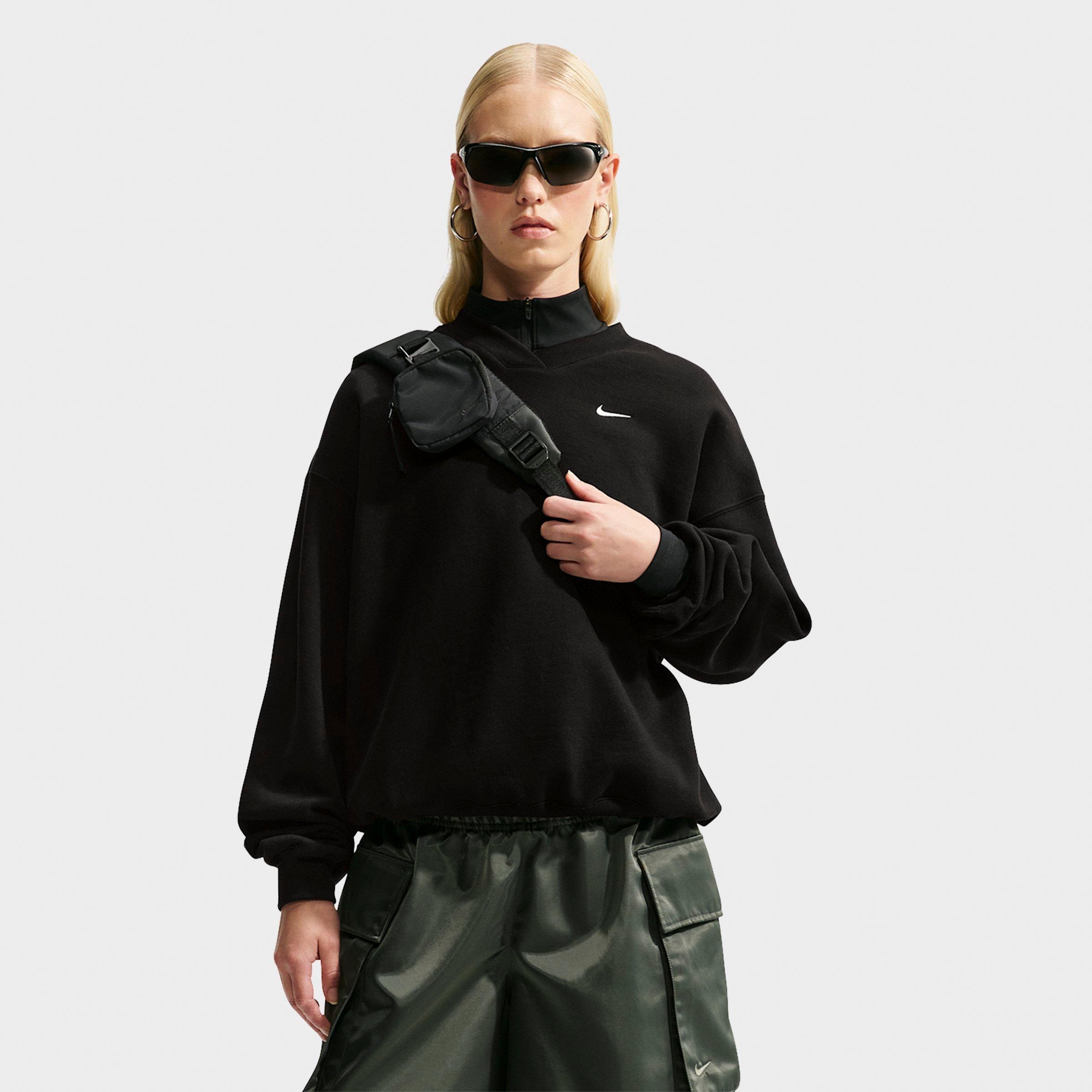 Nike Women's Studio Fleece Medium Weight Oversized V-Neck Sweatshirt in Total Black/Sail Size: XS