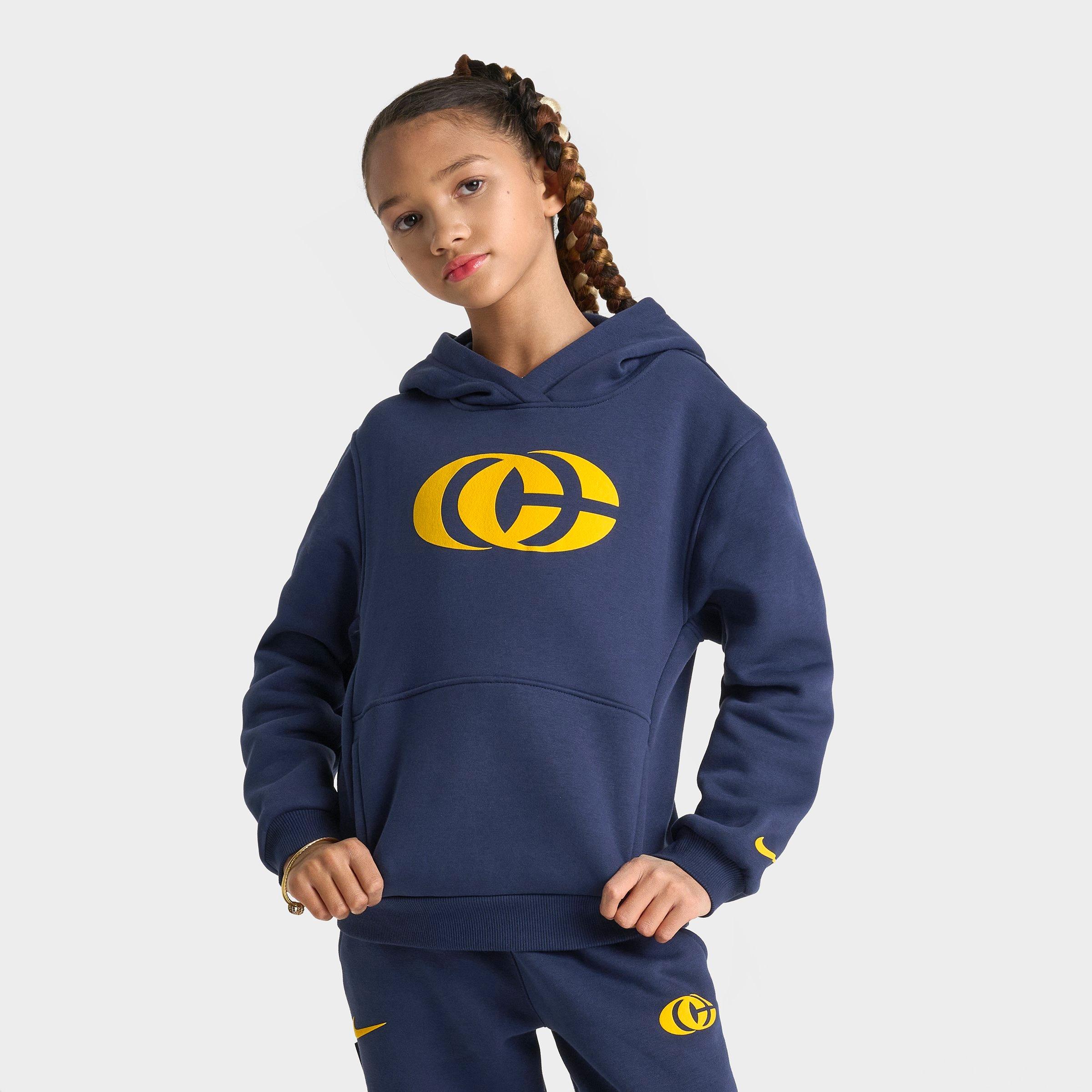 Nike Big Kids x Caitlin Clark Essential Fleece Pullover Hoodie in Midnight Navy/Amarillo/Amarillo Size: Small