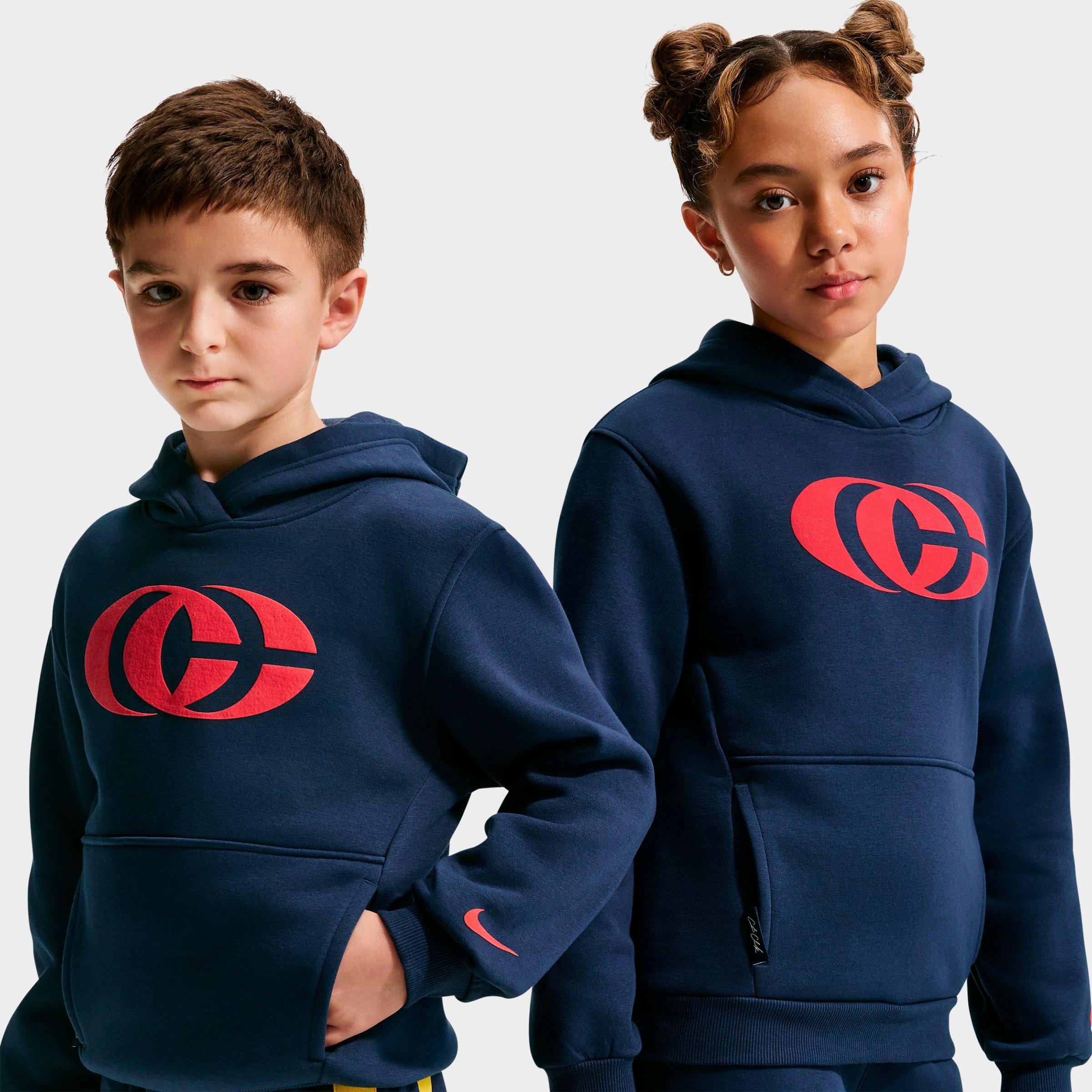 Nike Big Kids x Caitlin Clark Essential Fleece Pullover Hoodie in Midnight Navy/University Red/University Red Size: XS
