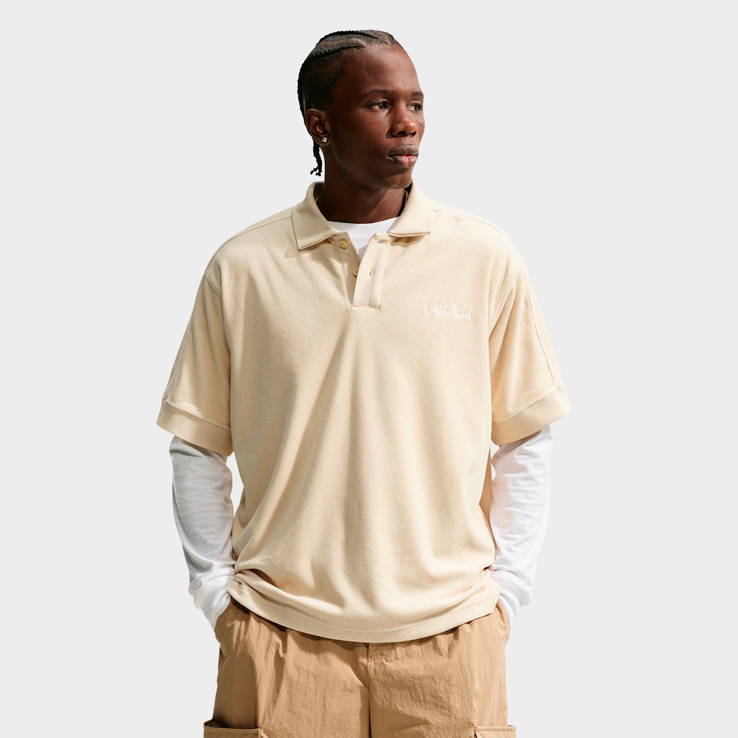 Nike Men's Sportswear Club French Terry Polo Shirt in Light Khaki/Phantom/Tough Red Size: Medium