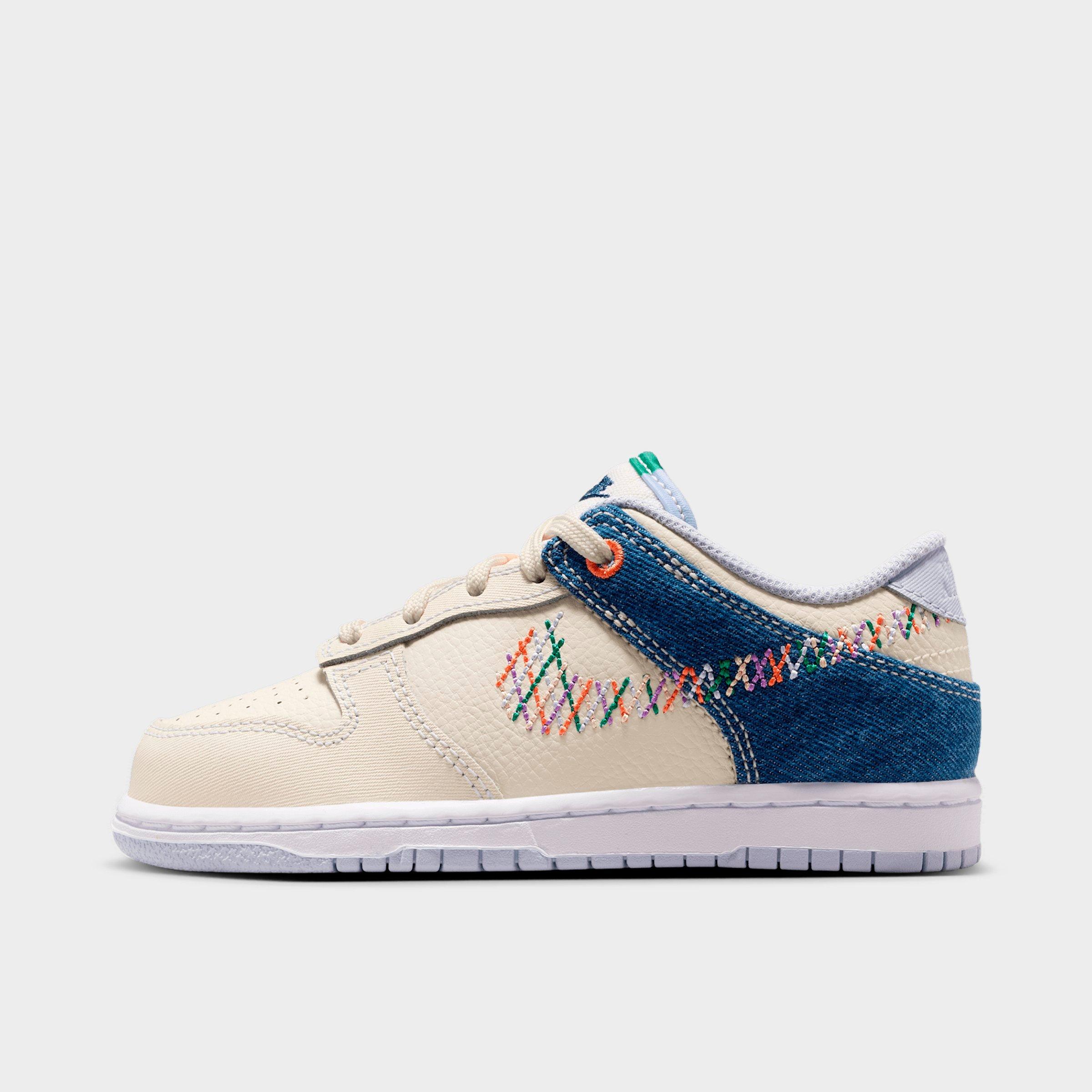 Nike Little Kids Dunk Low Casual Shoes in Soft Pearl/Blue Denim/Midnight Navy Size: 1.0