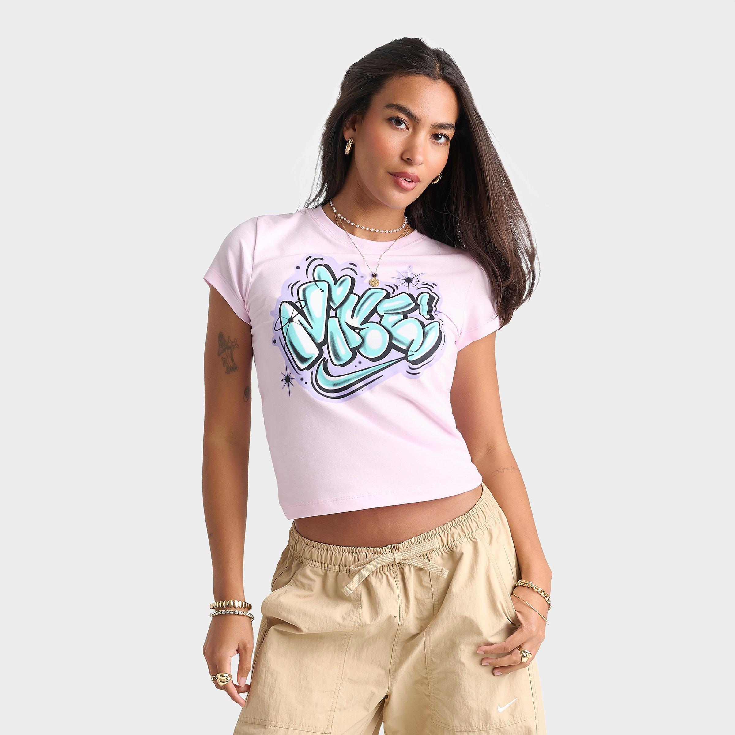 Nike Women's Sportswear Chill Knit Airbrushed Slim Cropped T-Shirt in Pink Foam Size: Small