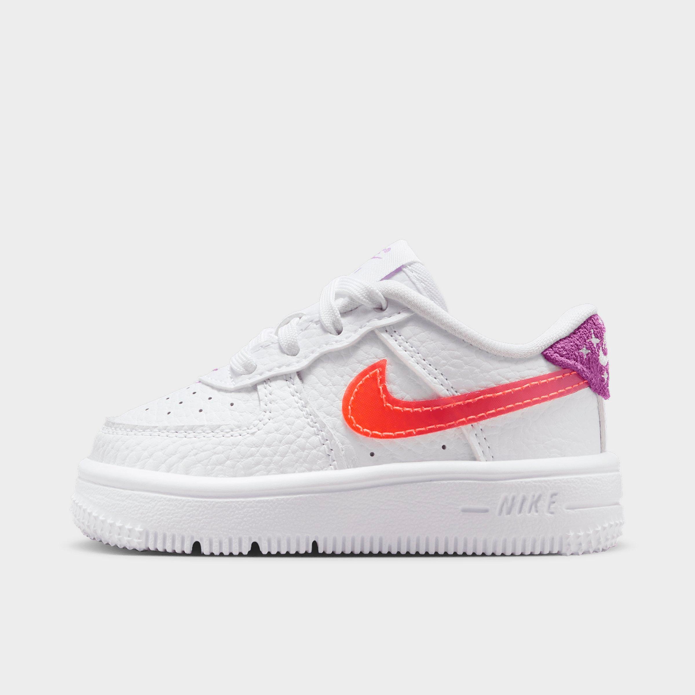 Nike Kids Toddler Force 1 Low Casual Shoes in White/Turf Orange/Bright Violet Size: 4.0