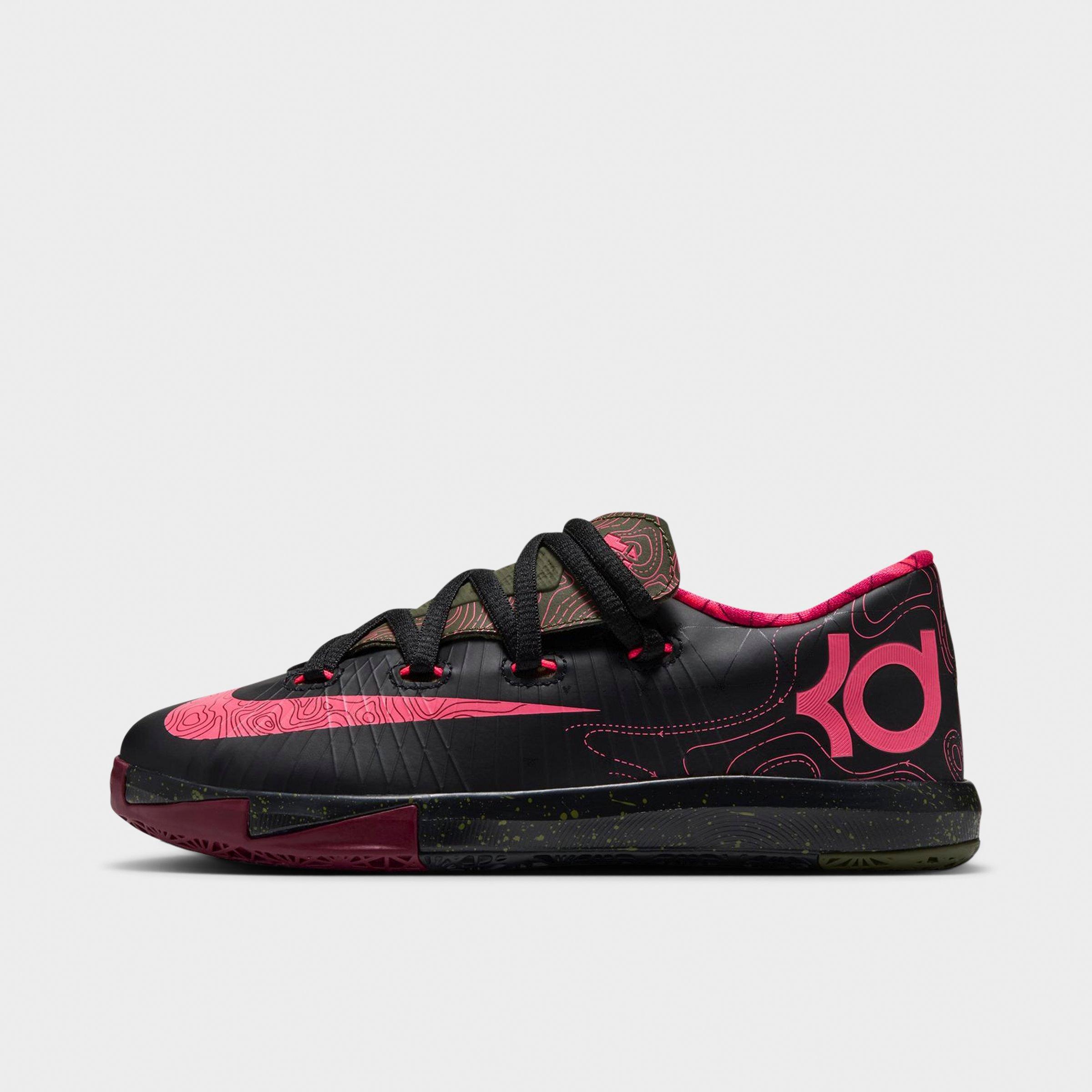 Nike Little Kids KD 6 Basketball Shoes in Black/Atomic Red/Medium Olive Size: 13.0