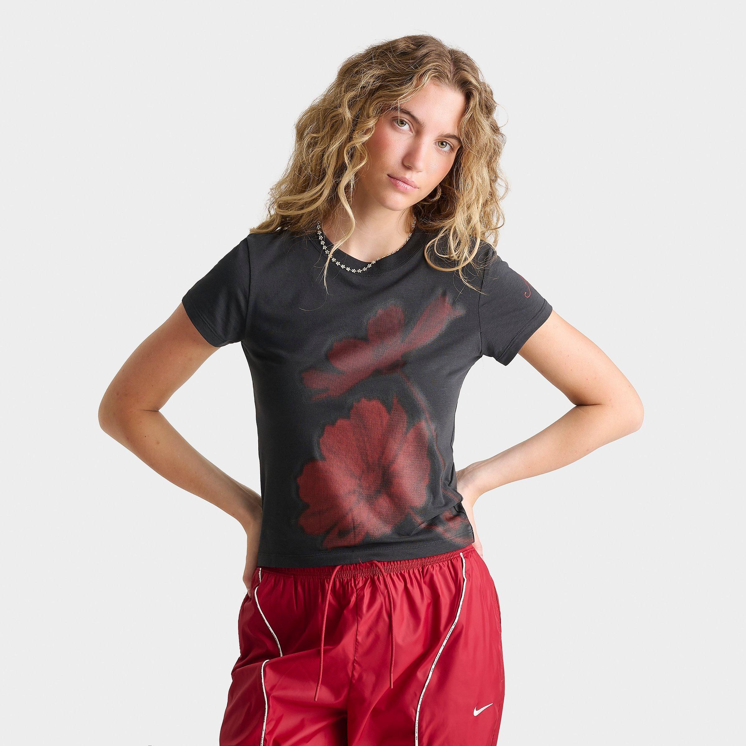 Nike Women's Sportswear Floral Cropped Baby T-Shirt in Off Noir Size: Medium