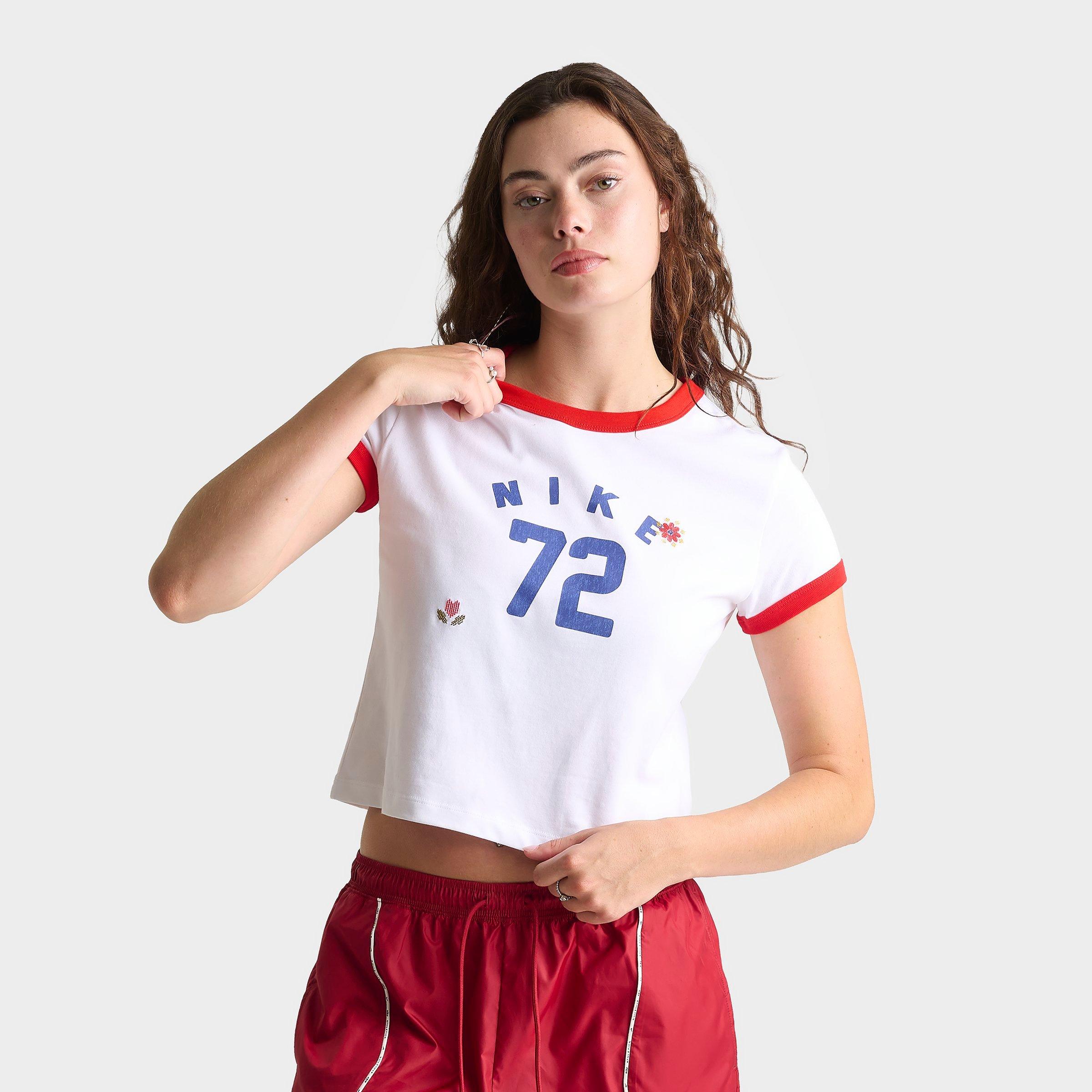 Nike Women's Sportswear Floral Cropped Ringer T-Shirt in White/University Red Size: Medium