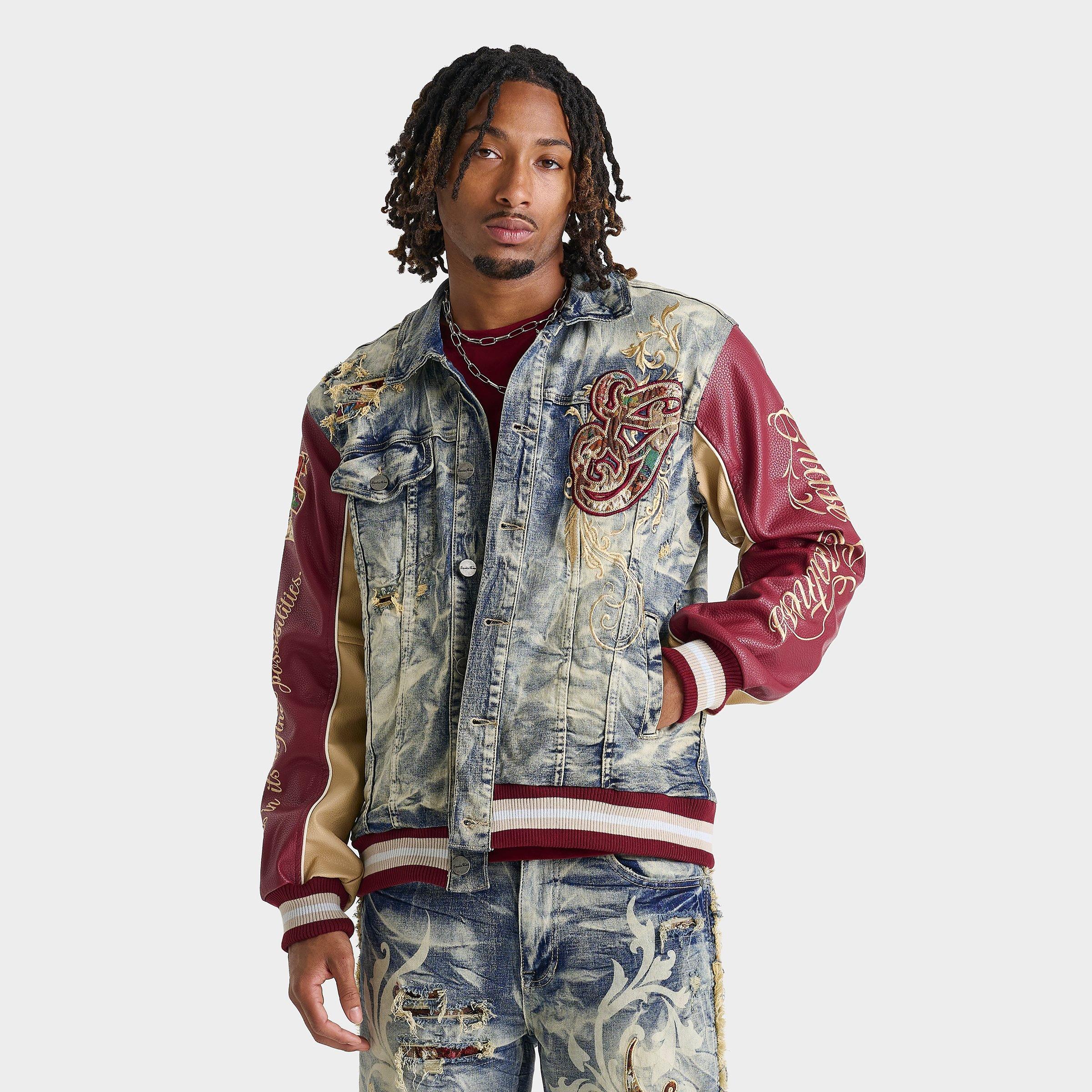 Smoke Rise Men's Academy Denim Varsity Jacket in Blue Toast Size: Small