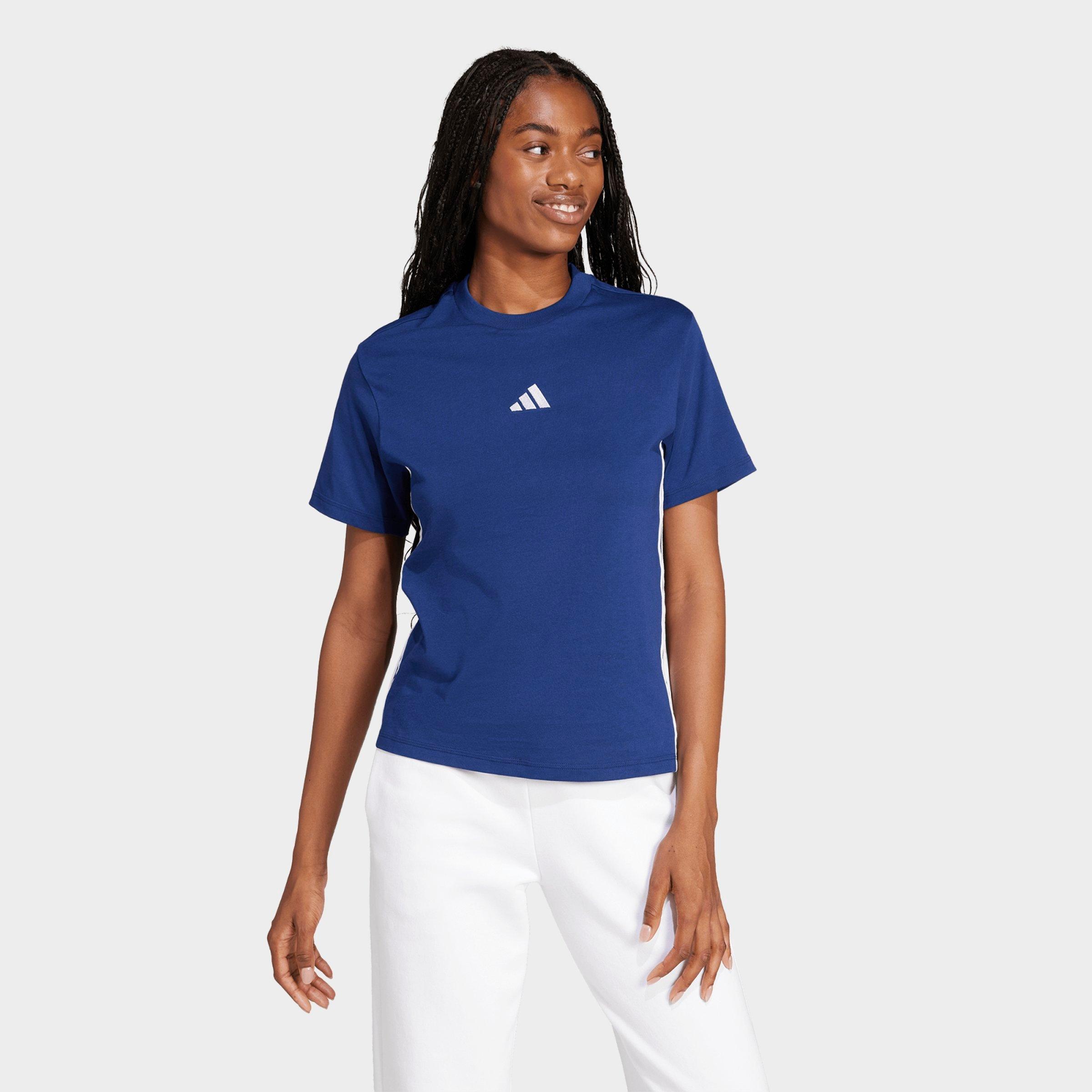 adidas Women's Essentials 3-Stripes Cotton T-Shirt in Dark Blue/White Size: Small