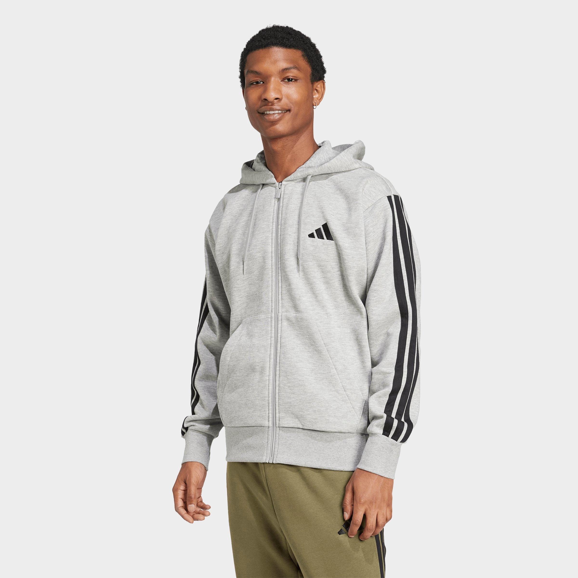 adidas Men's Essentials 3-Stripes Fleece Full-Zip Hoodie in Medium Grey Heather/Black Size: 2XL