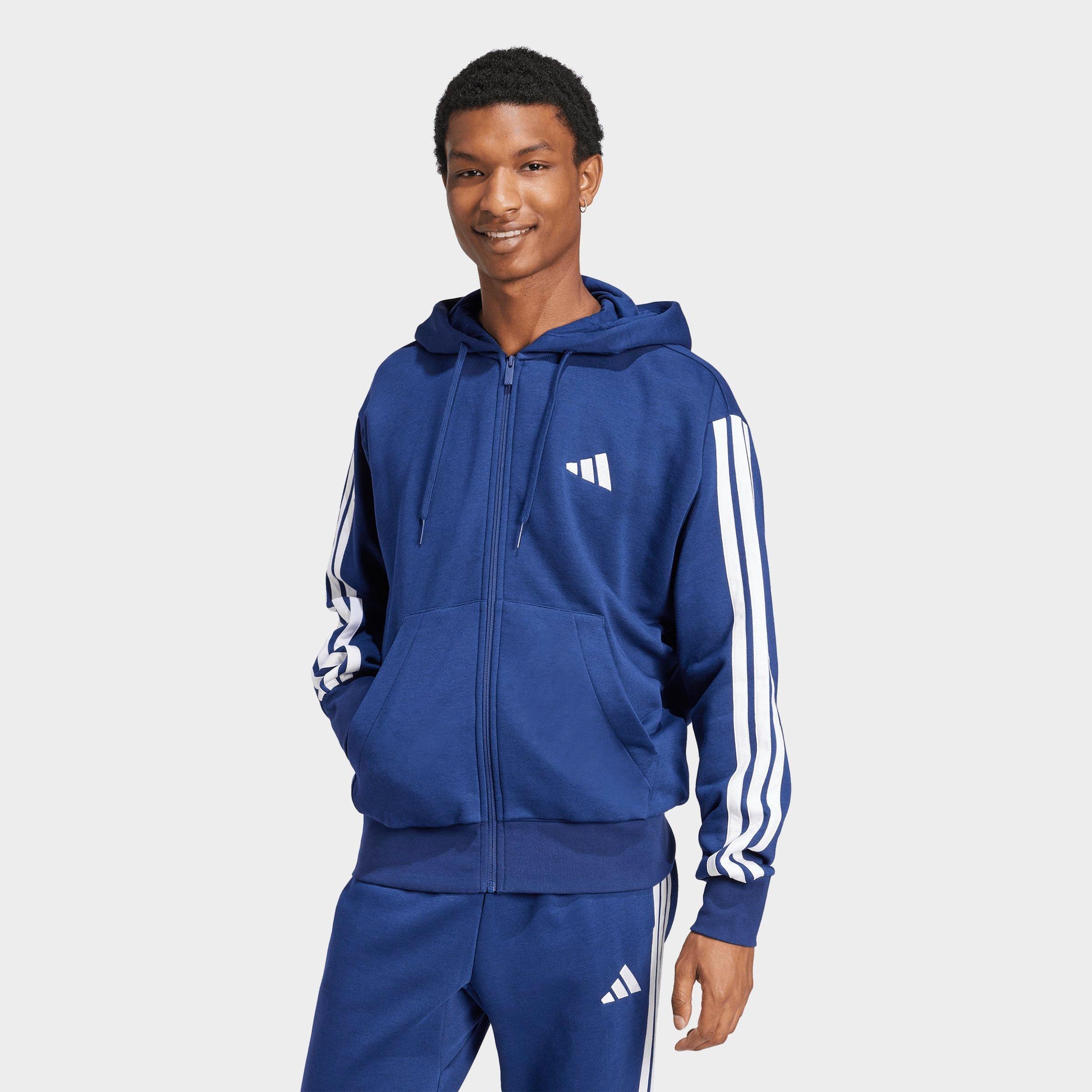 adidas Men's Essentials 3-Stripes Fleece Full-Zip Hoodie in Dark Blue/White Size: Small