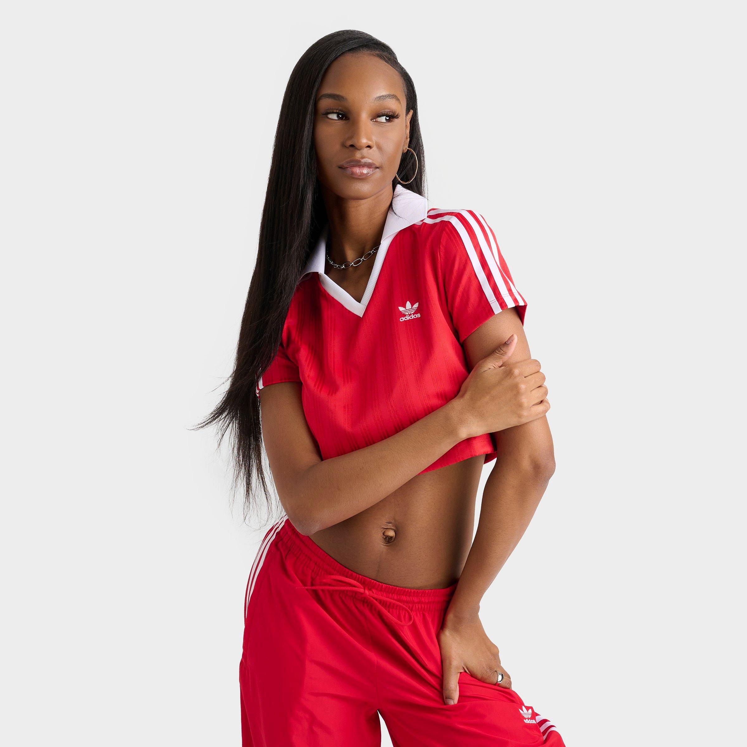 Adidas Women's Originals adicolor Football Jacquard V-Neck Polo T-Shirt in Red/Better Scarlet Size Large Polyester/Jacquard/Jersey Shirt 