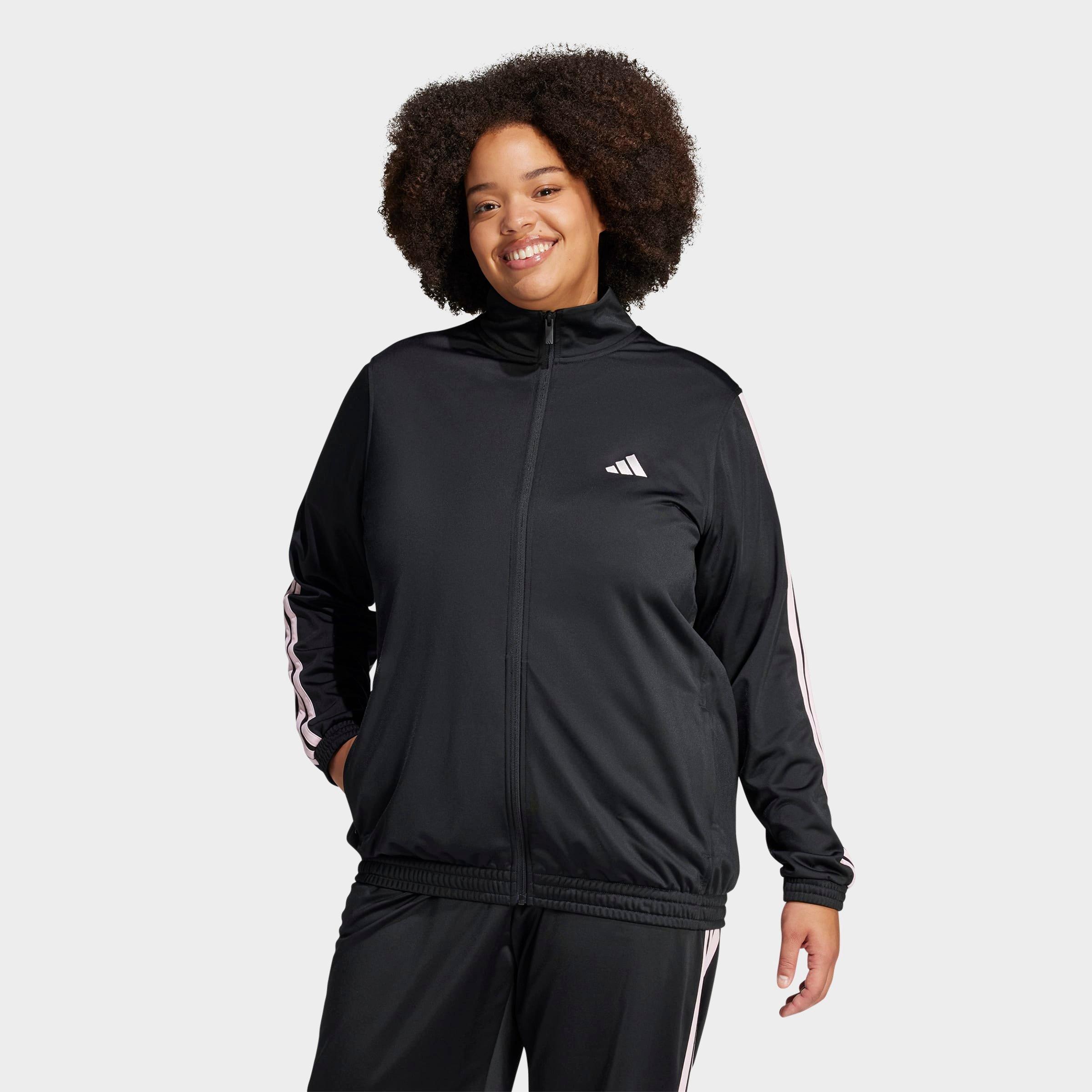 adidas Women's Sportswear Essentials 3-Stripes Tricot Full-Zip Track Top (Plus Size) in Black/Clear Pink Size: 1X