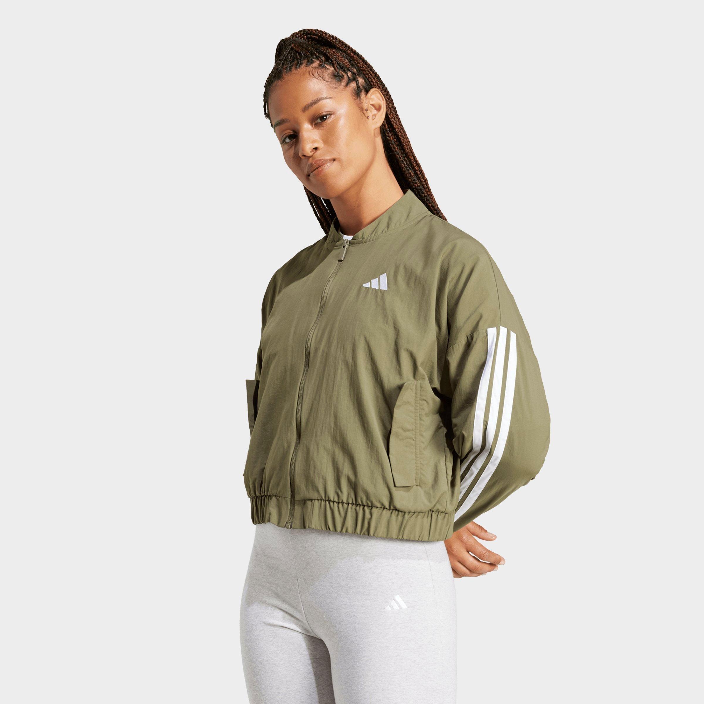 adidas Women's Sportswear Essentials 3-Stripes Lifestyle Woven Bomber Jacket in Olive Strata/White Size: Large
