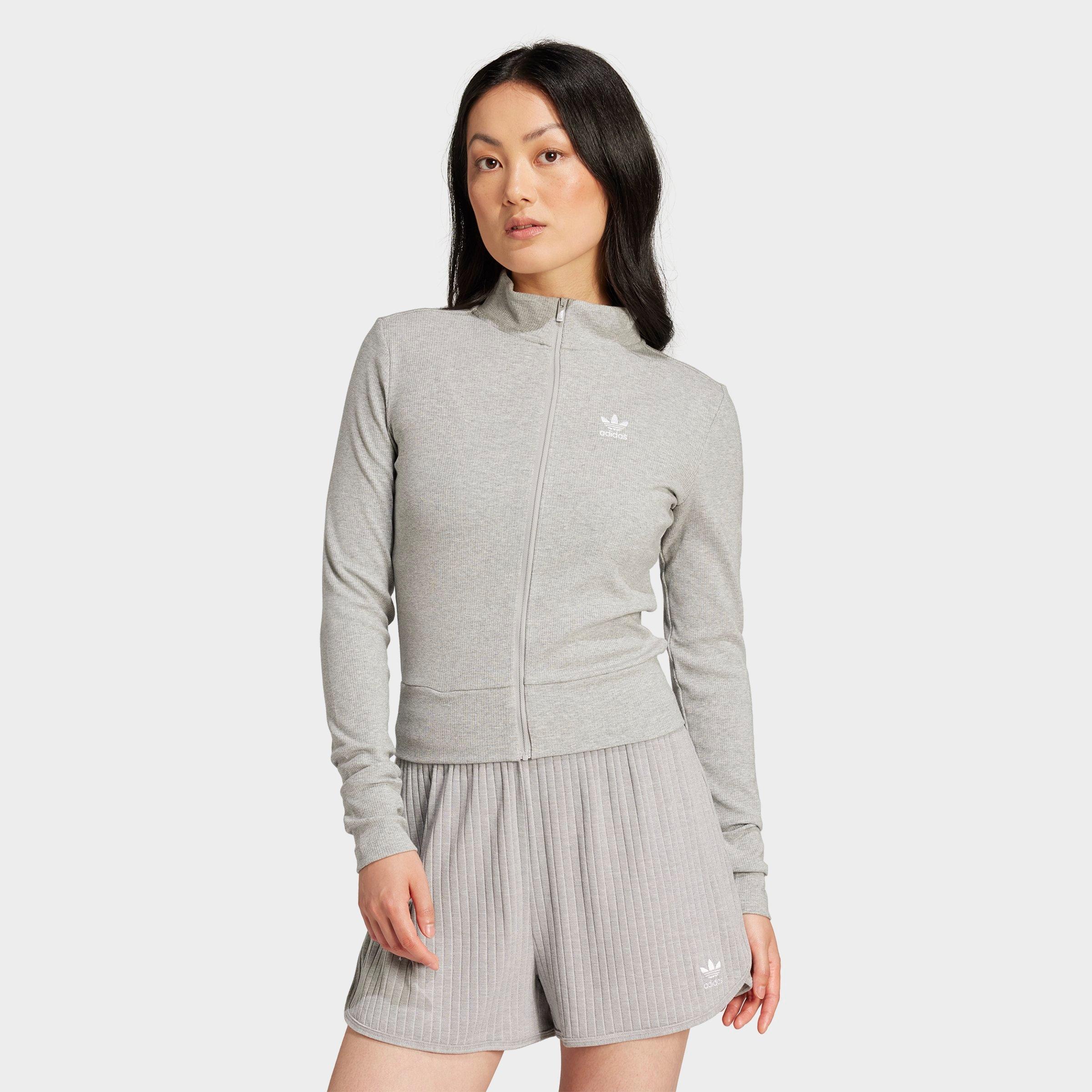 adidas Women's Originals Essentials Ribbed Full-Zip Track Top in Medium Grey Heather Size: 2XS
