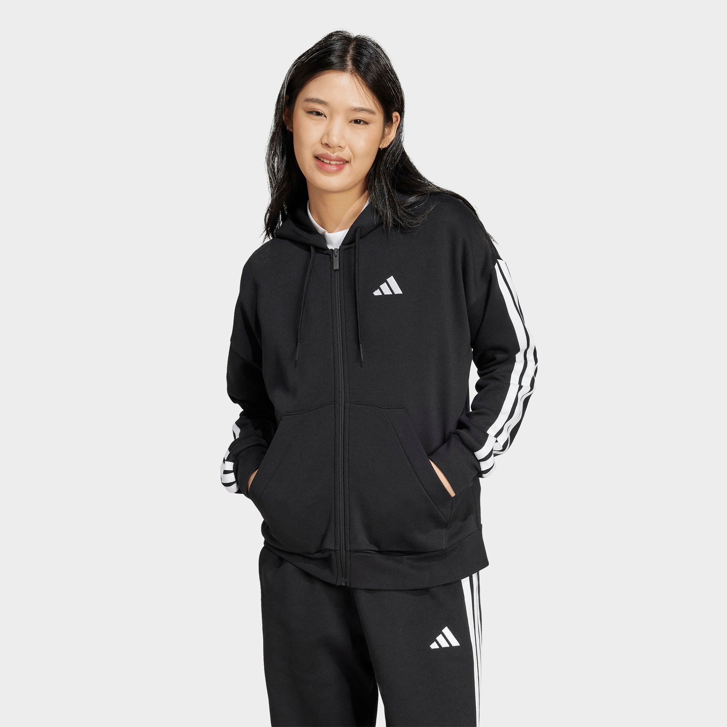 adidas Women's Essentials 3-Stripes Fleece Full-Zip Hoodie in Black/White Size: 2XL