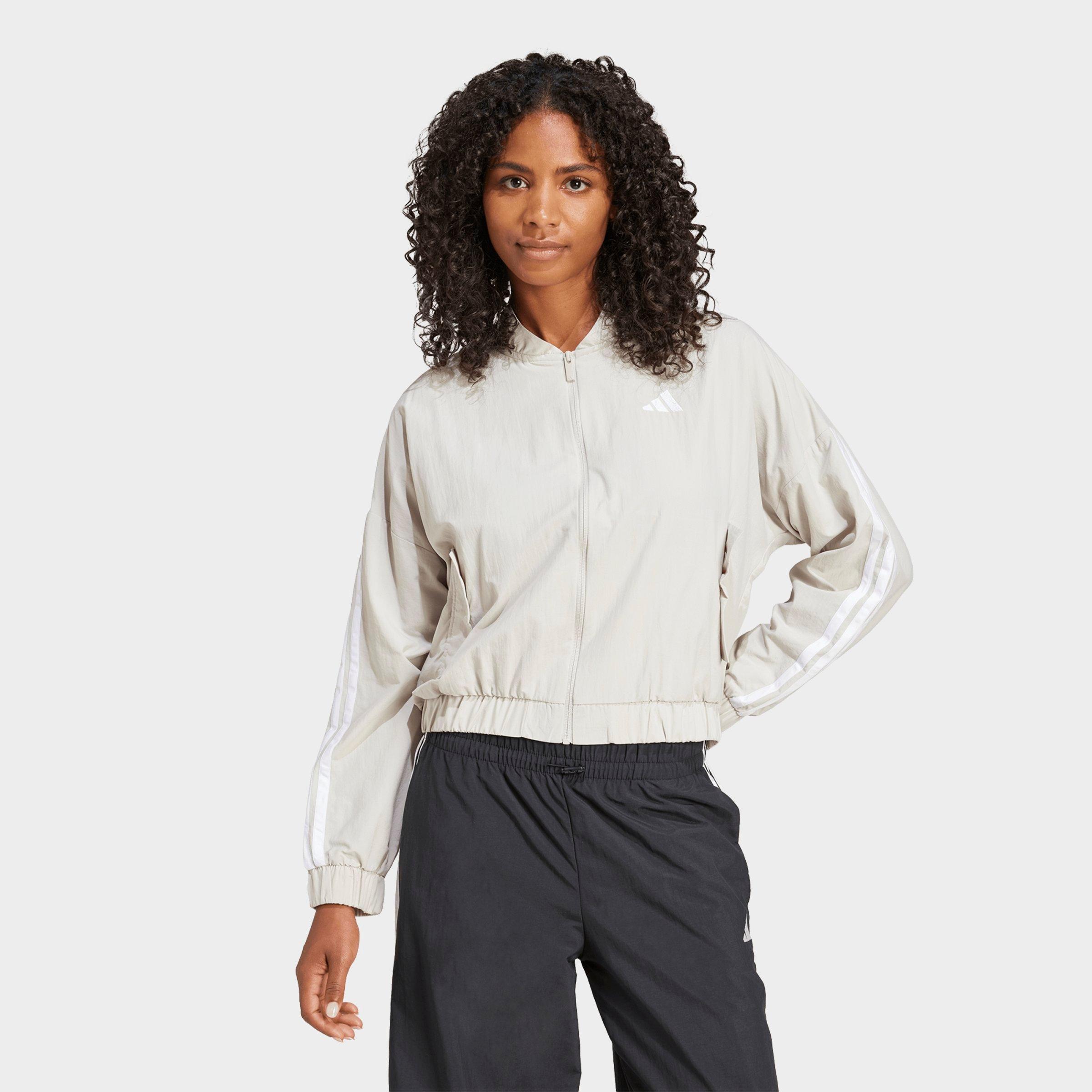 adidas Women's Sportswear Essentials 3-Stripes Lifestyle Woven Bomber Jacket in Beige/White Size: Small