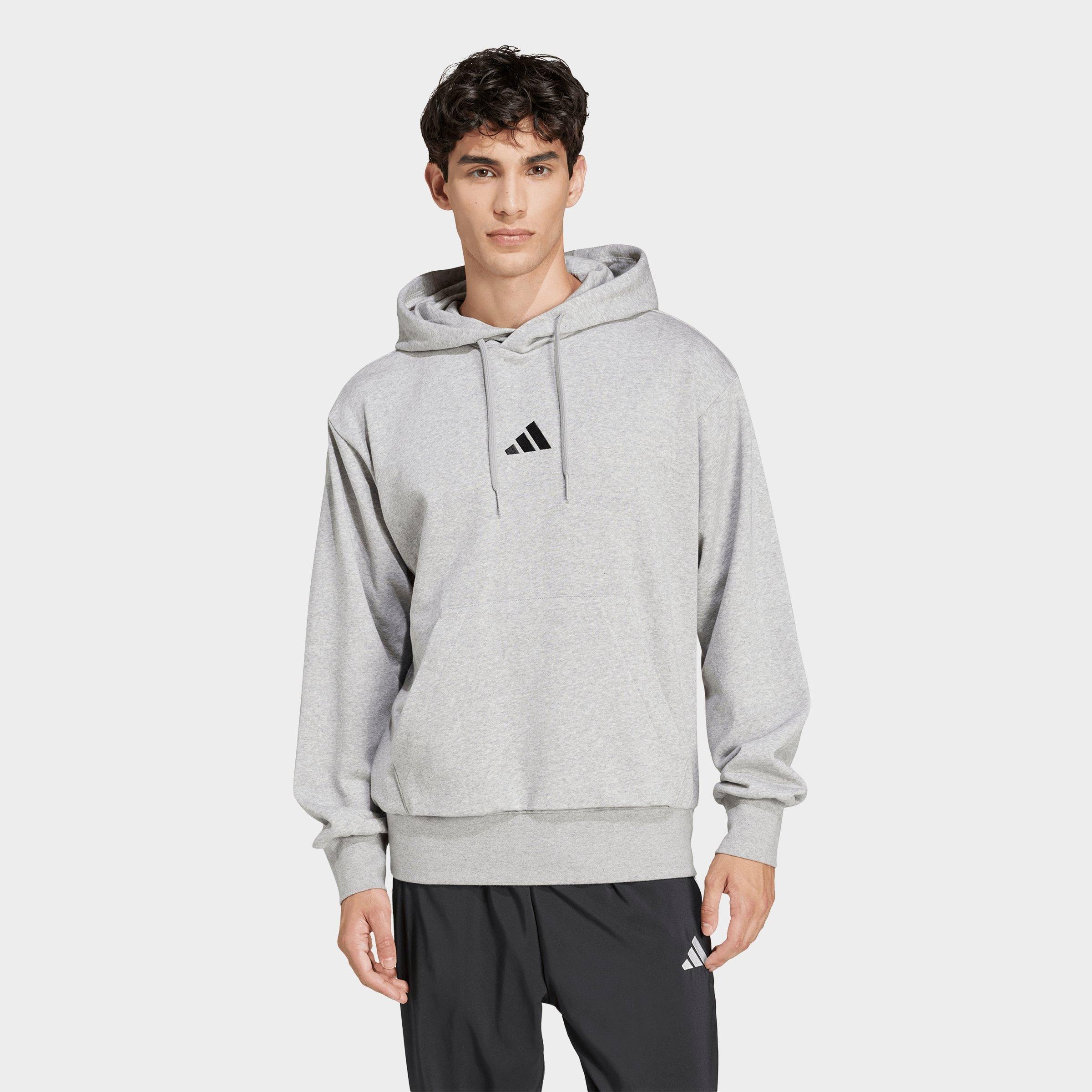 adidas Men's Essentials Feelcozy Fleece Pullover Hoodie in Medium Grey Heather/Black