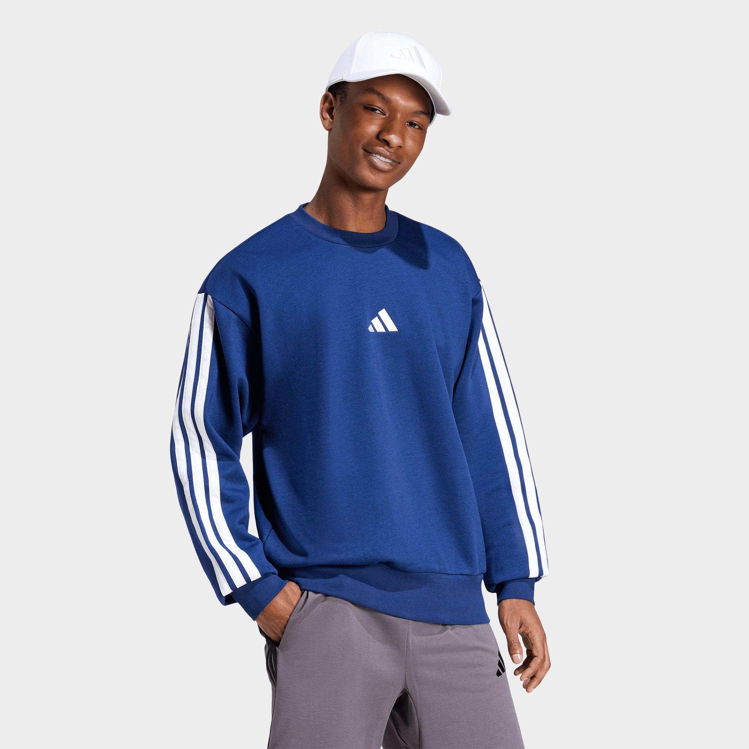 adidas Men's Essentials 3-Stripes Fleece Crewneck Sweatshirt in Dark Blue/White Size: Large