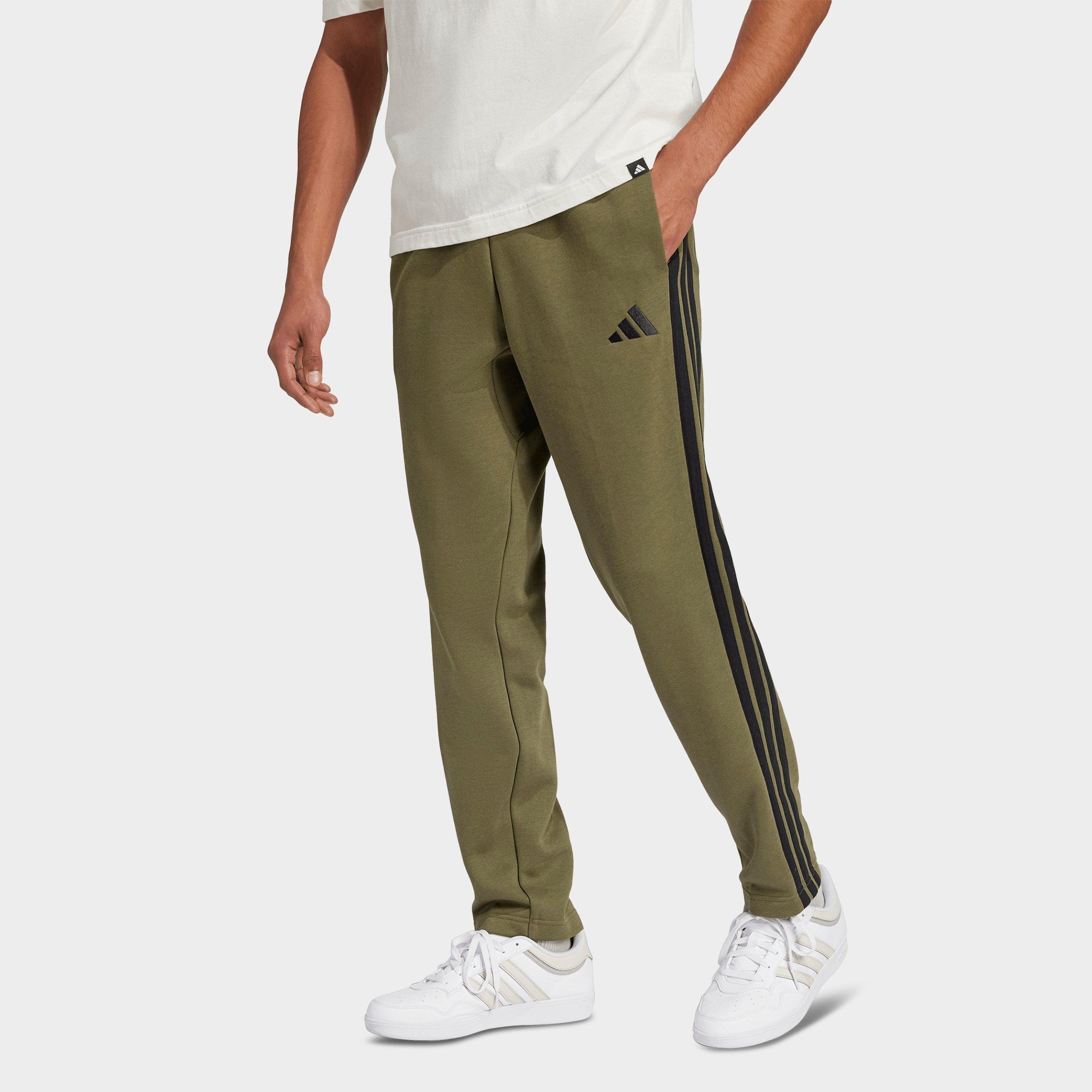 adidas Men's Essentials 3-Stripes Open Hem Fleece Pants in Olive Strata/Black Size: Small