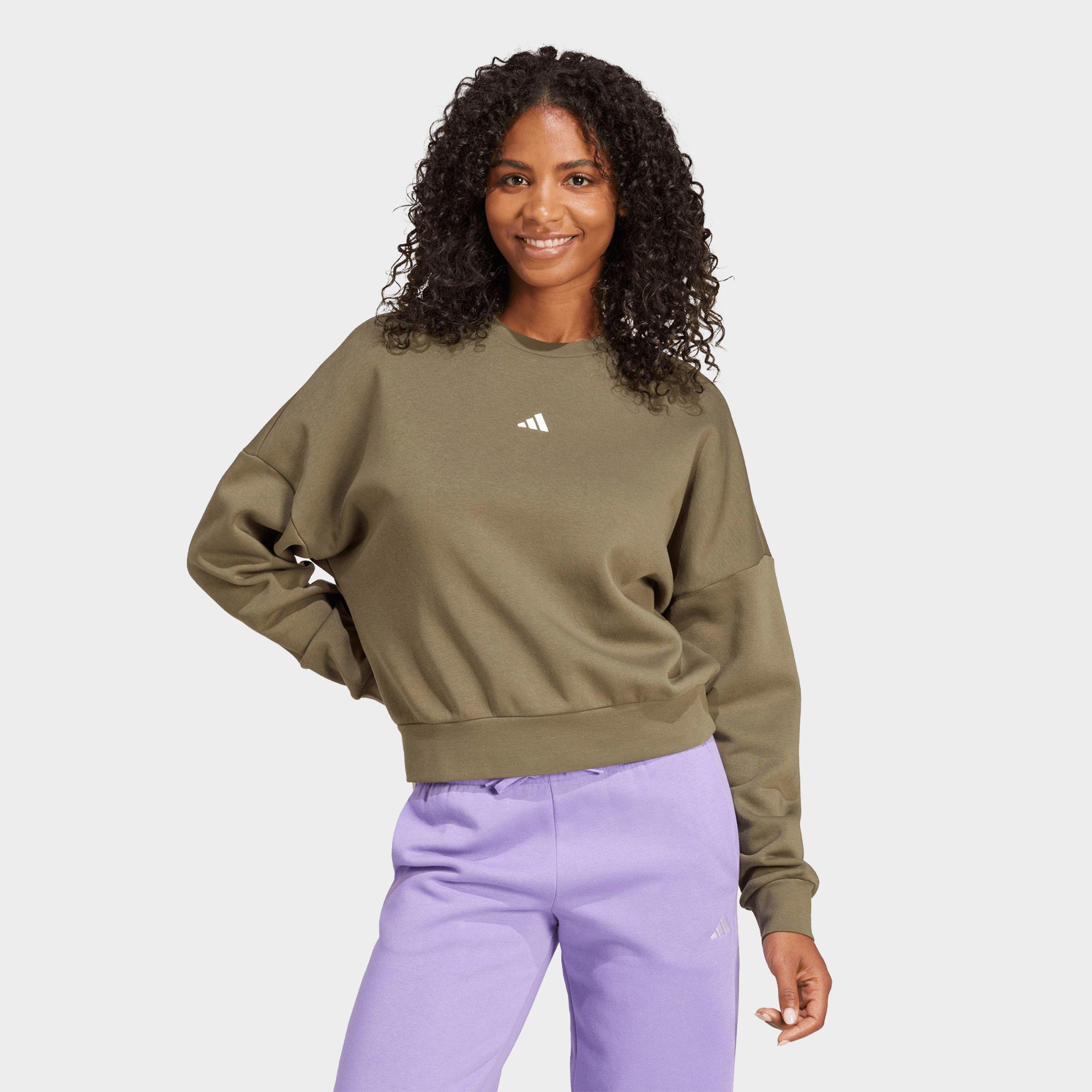adidas Women's Sportswear Essentials Small Logo Feel Cozy Sweatshirt in Olive Strata/White Size: Large