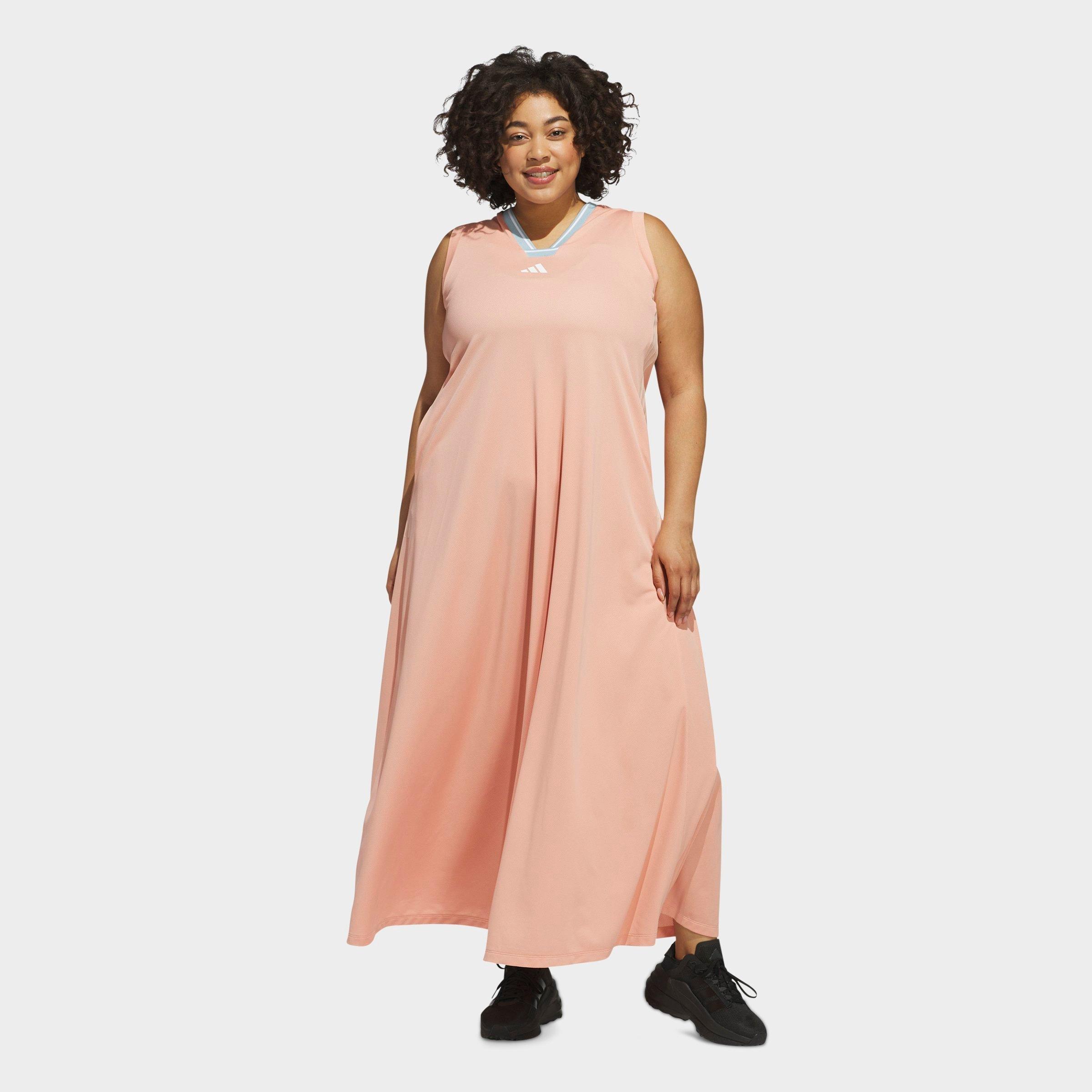 Adidas Women's Tiro Cut 3-Stripes Soft Mesh Long Dress (Plus Size) in Pink/Ambient Blush Size 2XL Polyester