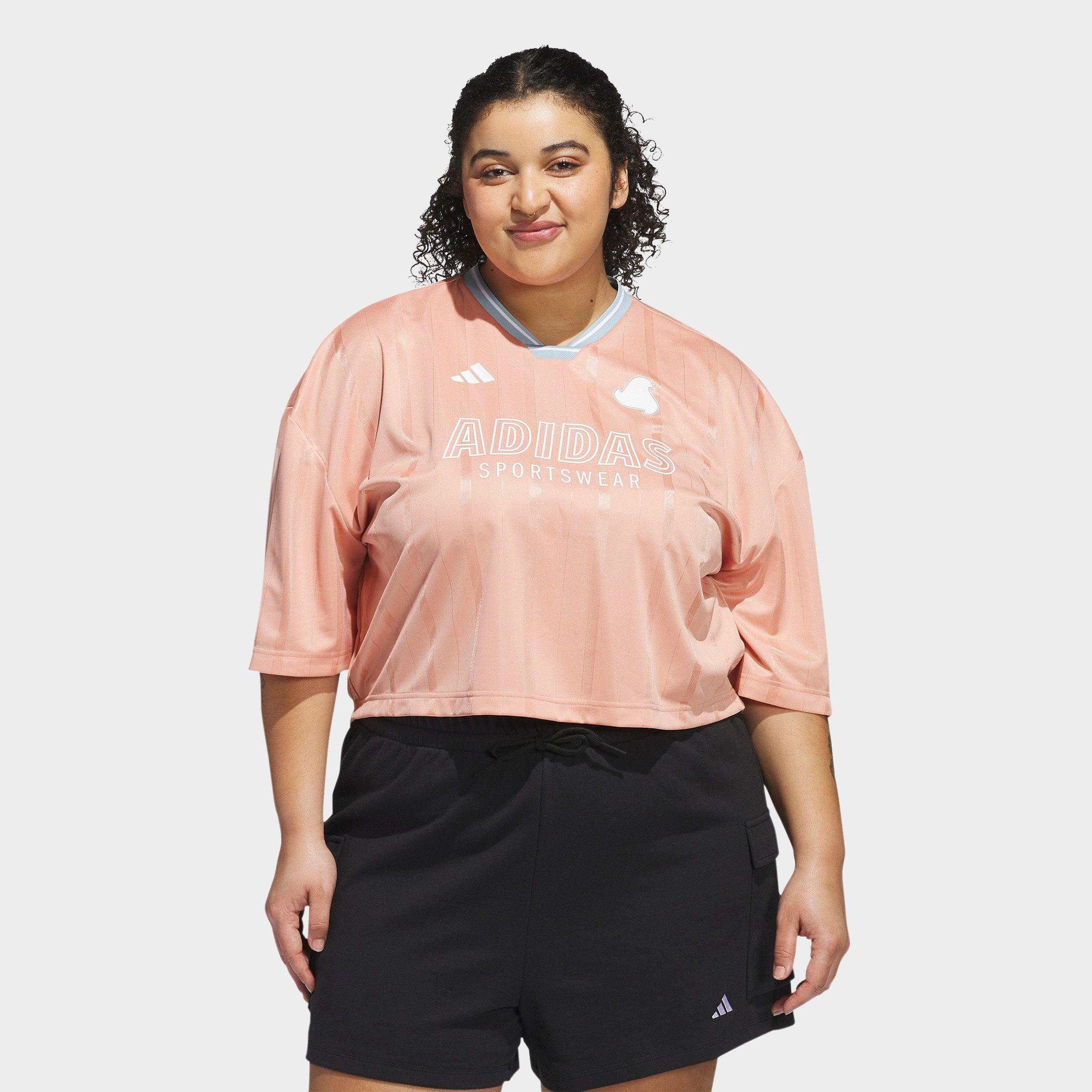 Adidas Women's Tiro 3-Stripes Oversized Jersey Shirt (Plus Size) in Pink/Ambient Blush Size 2XL Polyester/Knit/Jersey Shirt